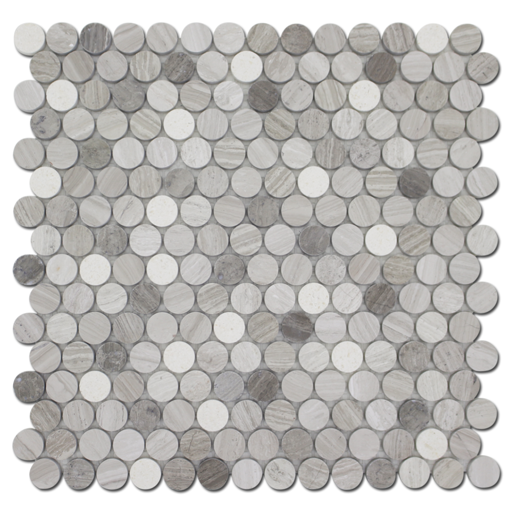 BOTTICINO: Wooden White, Athens Grey Marble 1" Penny Round Mosaic (12"x12"x1/4" | honed)