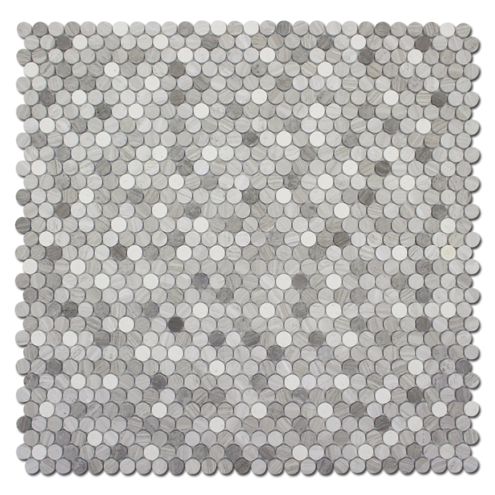 BOTTICINO: Wooden White, Athens Grey Marble 1" Penny Round Mosaic (12"x12"x1/4" | honed)