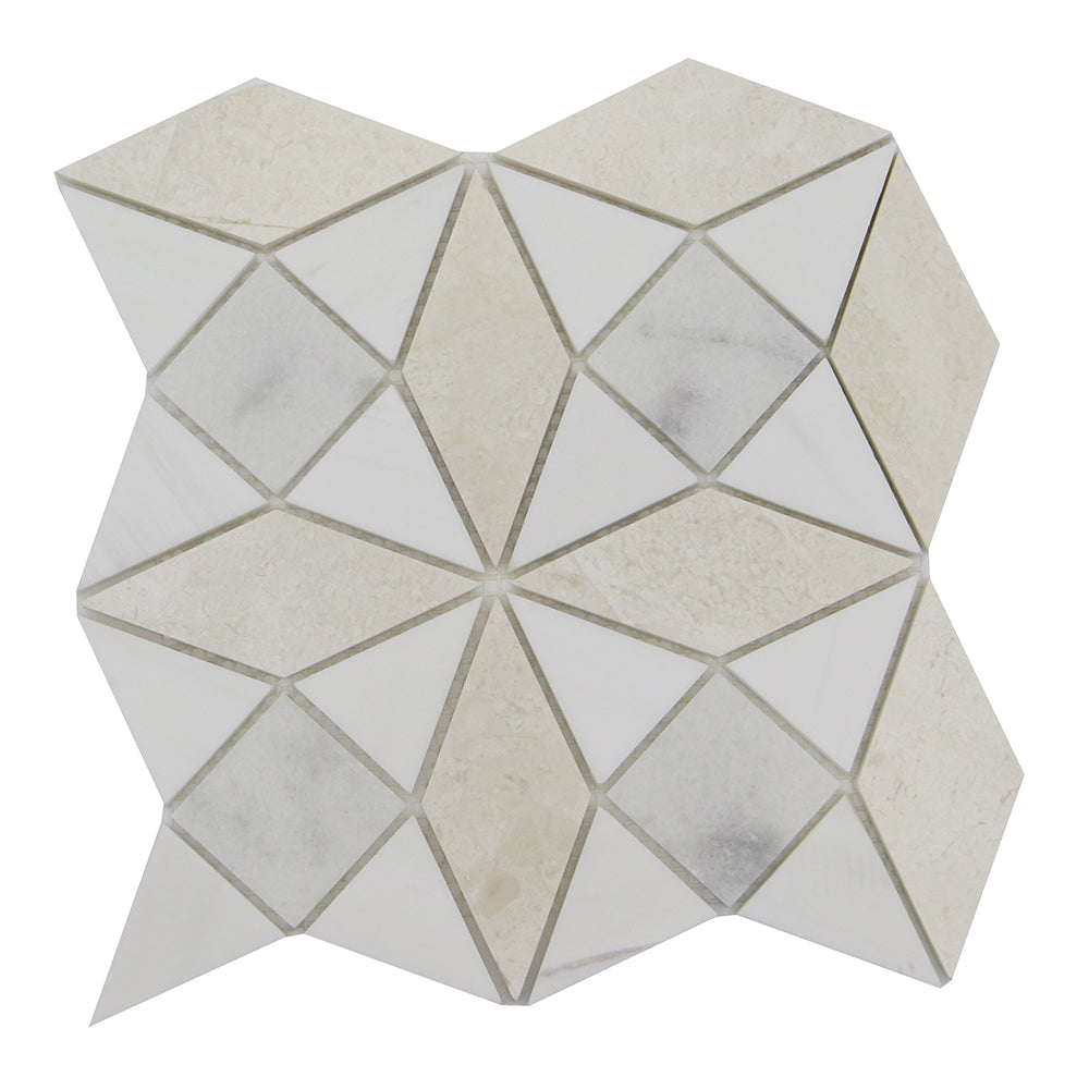 BIANCO VENATO: Perla, Milas White Dolomite Kaleidoscope Mosaic (11"x11"x3/8" | polished)
