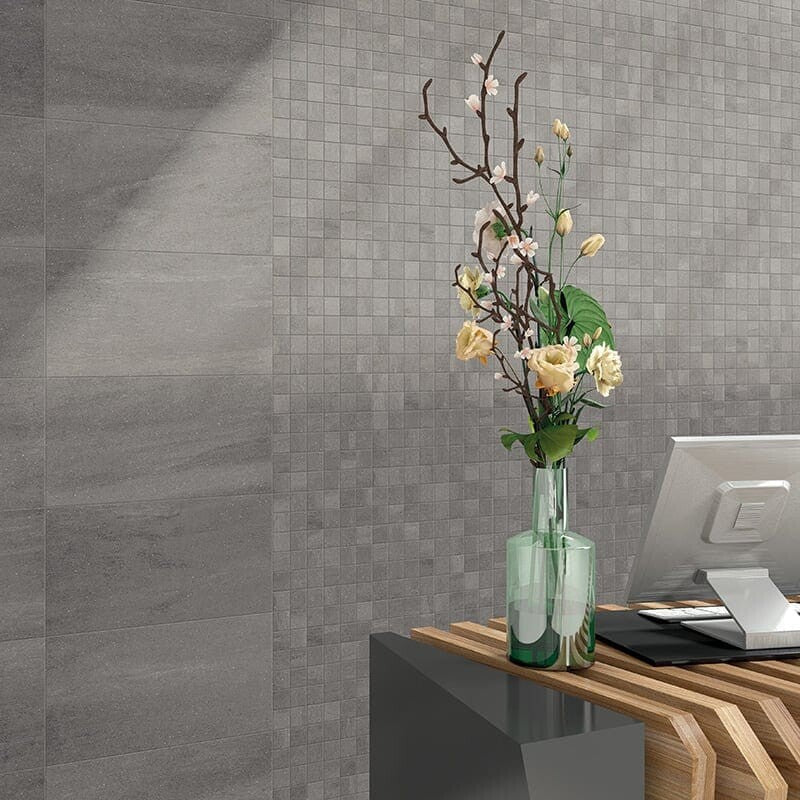 ATELIER PORCELAIN: Olive Grey Concrete 2X2 Straight Stack Mosaic (honed | 12"x12"x5/16" | straight cut)