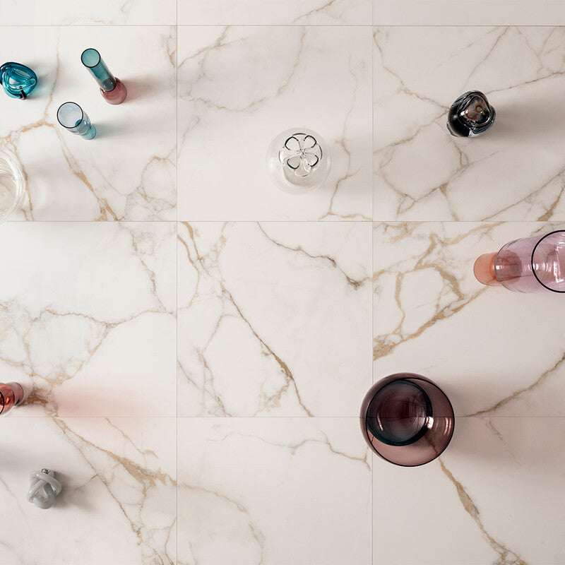 DELIGHT PORCELAIN: Calacatta Oro Square Field Tile (polished | 24"x24"x3/8" | rectified)