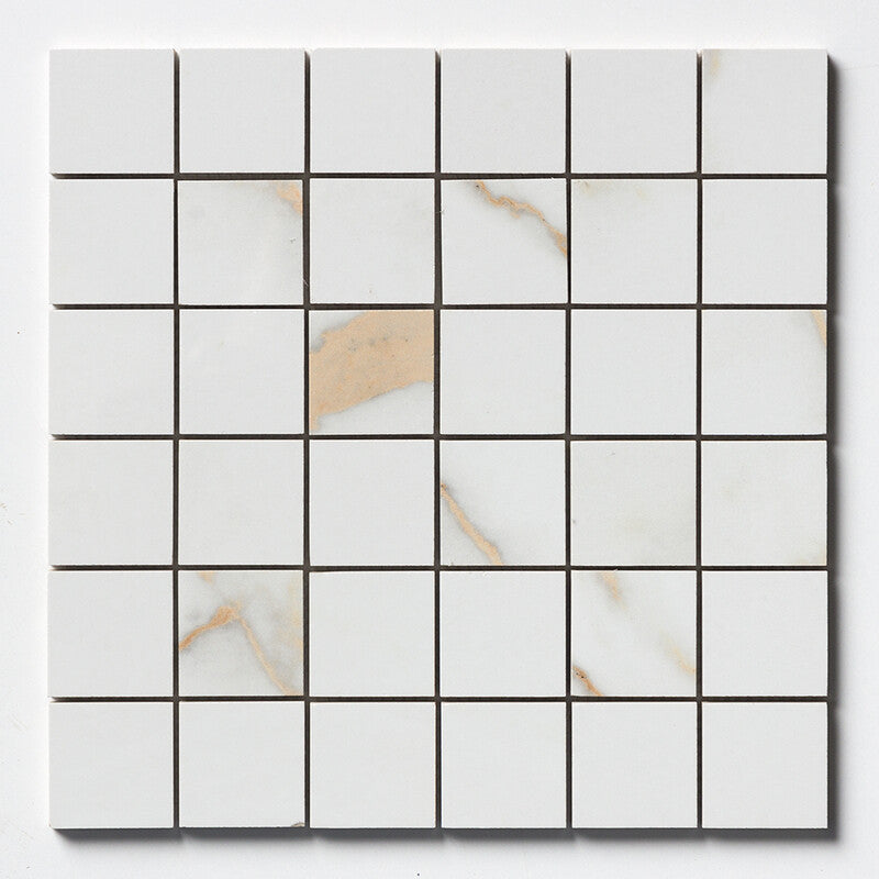 DELIGHT PORCELAIN: Calacatta Oro 2X2 Straight Stack Mosaic (polished | 12"x12"x3/8" | straight cut)