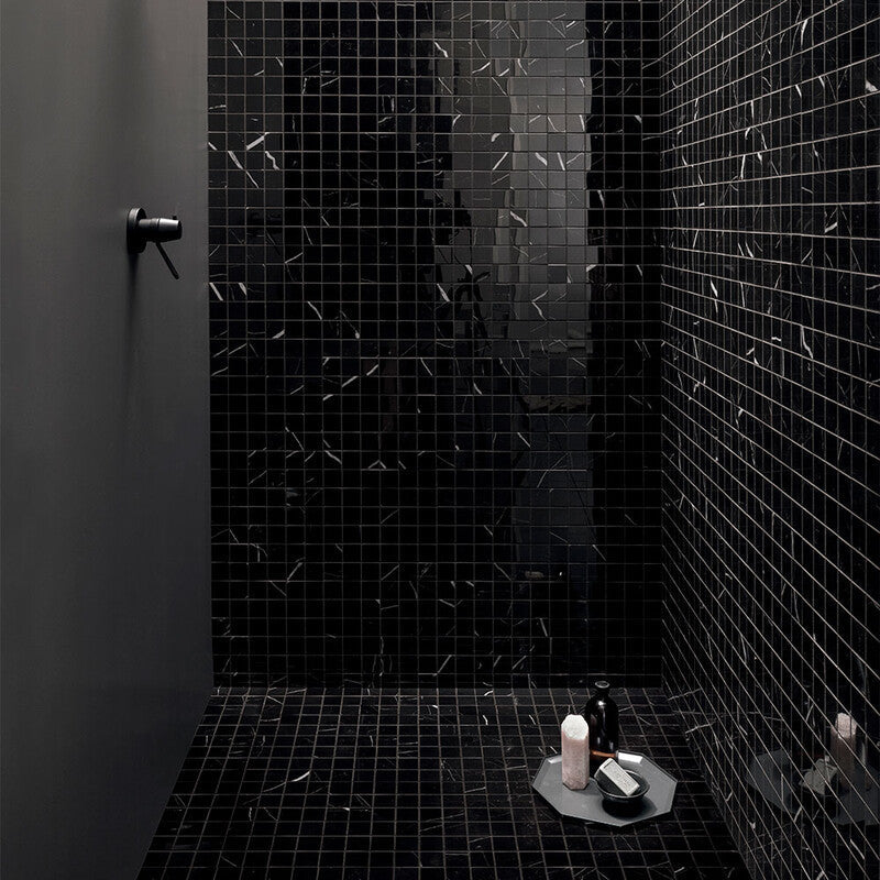 DELIGHT PORCELAIN: Marquina Nero 2X2 Straight Stack Mosaic (polished | 12"x12"x3/8" | straight cut)