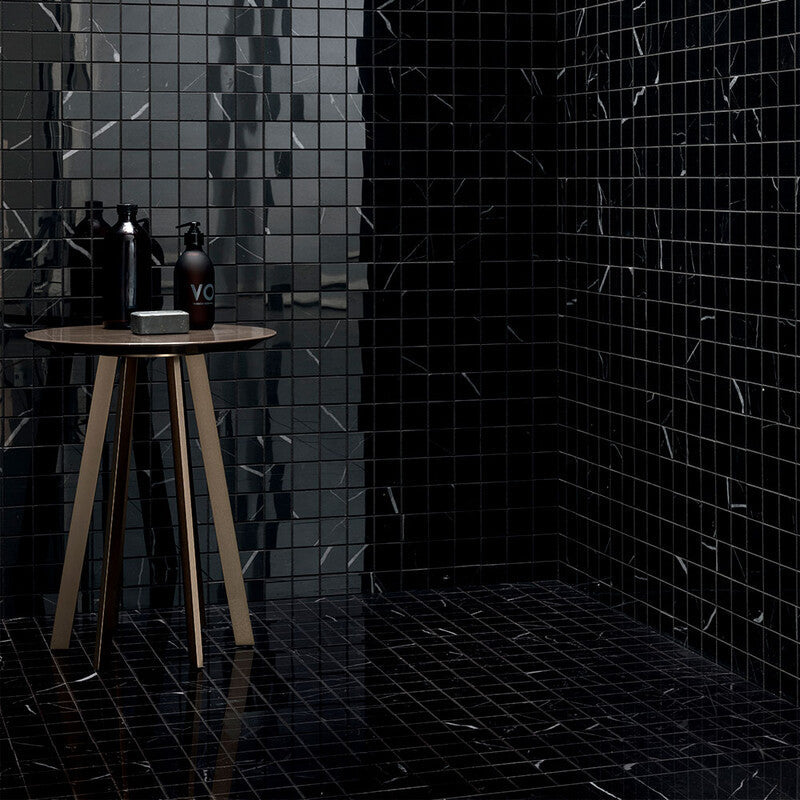 DELIGHT PORCELAIN: Marquina Nero 2X2 Straight Stack Mosaic (polished | 12"x12"x3/8" | straight cut)
