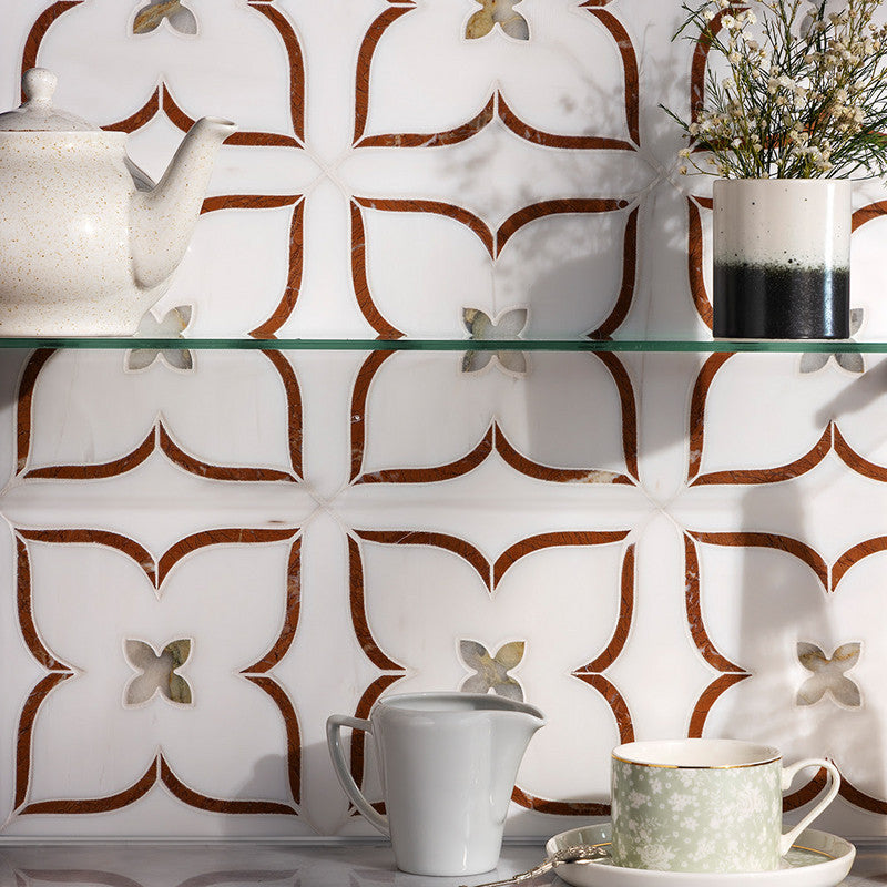 UMBRIA : Calacatta Green Red Laguna Celine Mosaic (multi finish | 13"x13"x3/16" | straight cut)