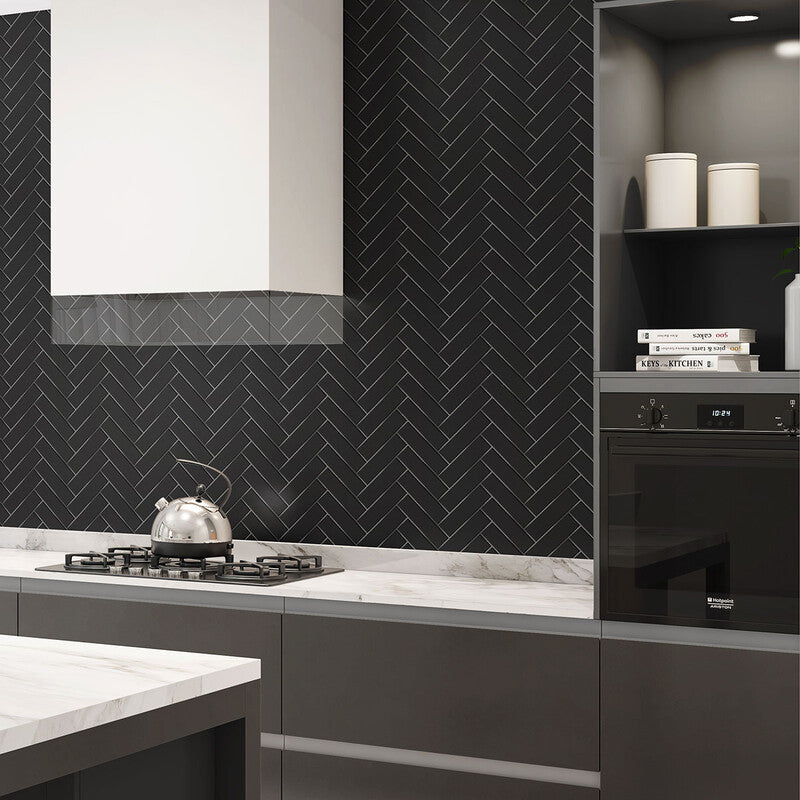 METRO WALL CERAMIC: Black Herringbone Mosaic (matte | 10"x13"x15/64" | straight cut)
