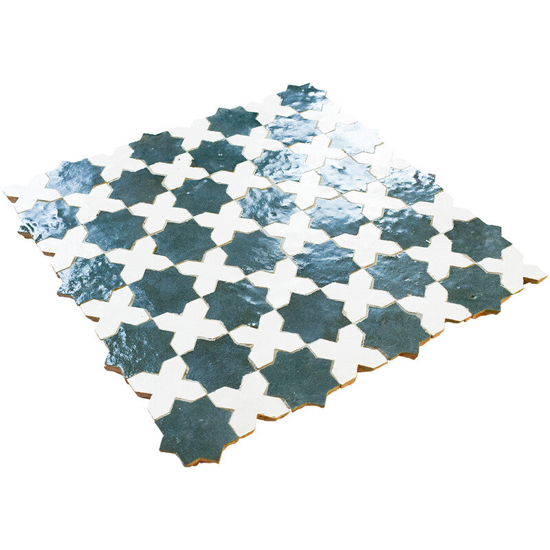 MOROCCAN: Dark Olive Green, White Aphrodite Stars And Crosses Zellige Mosaic (11"x11"x13/16" | glossy)
