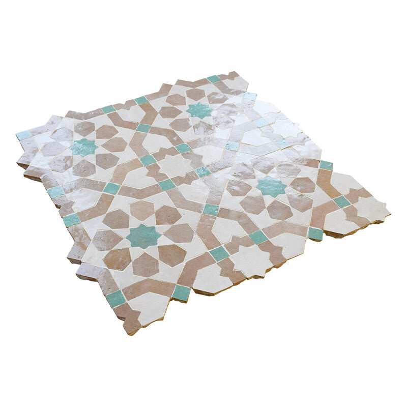 MOROCCAN: Dark Beige, Medium Green, White Jasmine Zellige Mosaic (11"x11"x3/4" | glossy)
