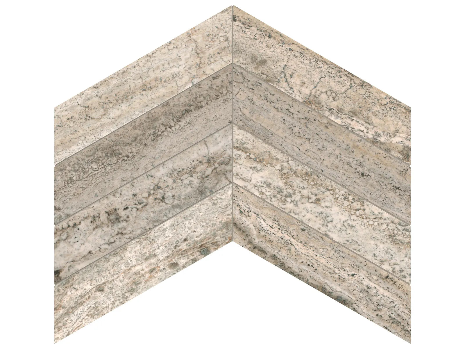 SILVER ASH: Travertine Mosaic Chevron (14⁹⁄₁₆"X9¹³⁄₁₆"X⅜" | Filled-Honed)