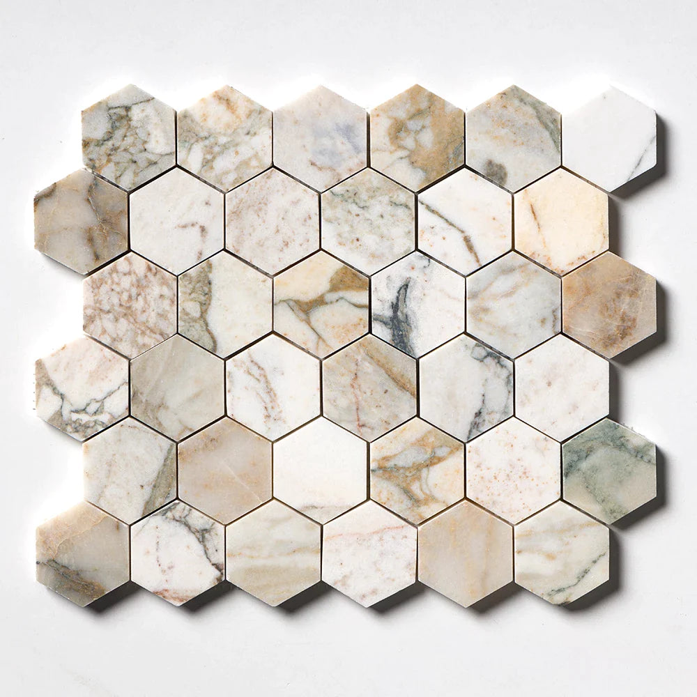 calacatta green hexagon 2 marble mosaic 10&3_8x12x3_8 honed distributed by surface group