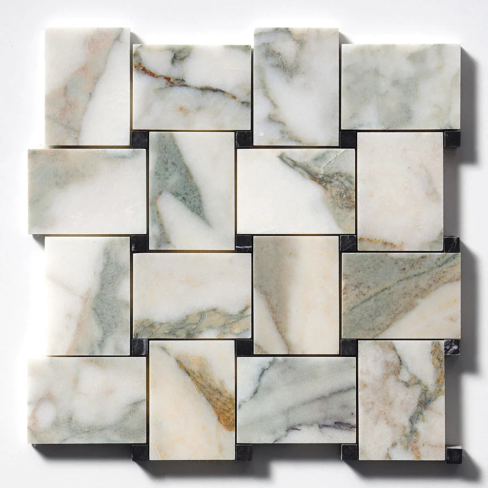 calacatta green pinwheel marble mosaic 10&3_8x10&3_8x3_8 honed distributed by surface group