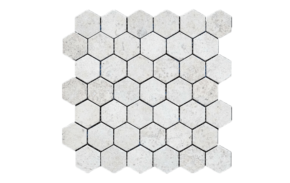 GASCOGNE BLUE: 2" Hexagonal Limestone Field Mosaic (12 5/8"x13 5/16"x3/8" | time worn)