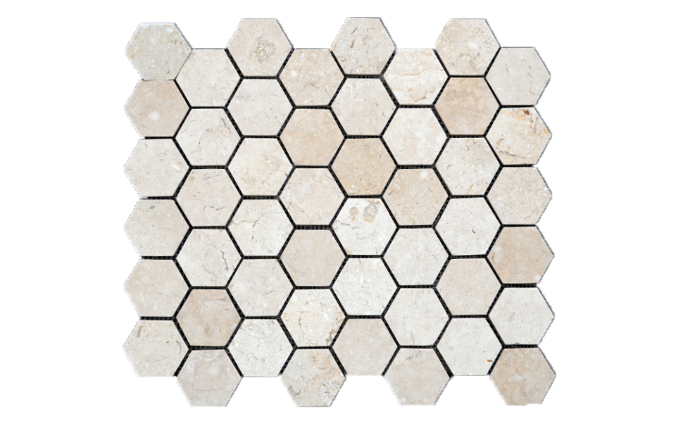 ISMAILIA CREAM: 2" Hexagonal Limestone Field Mosaic (12 5/8"x13 5/16"x3/8" | honed)