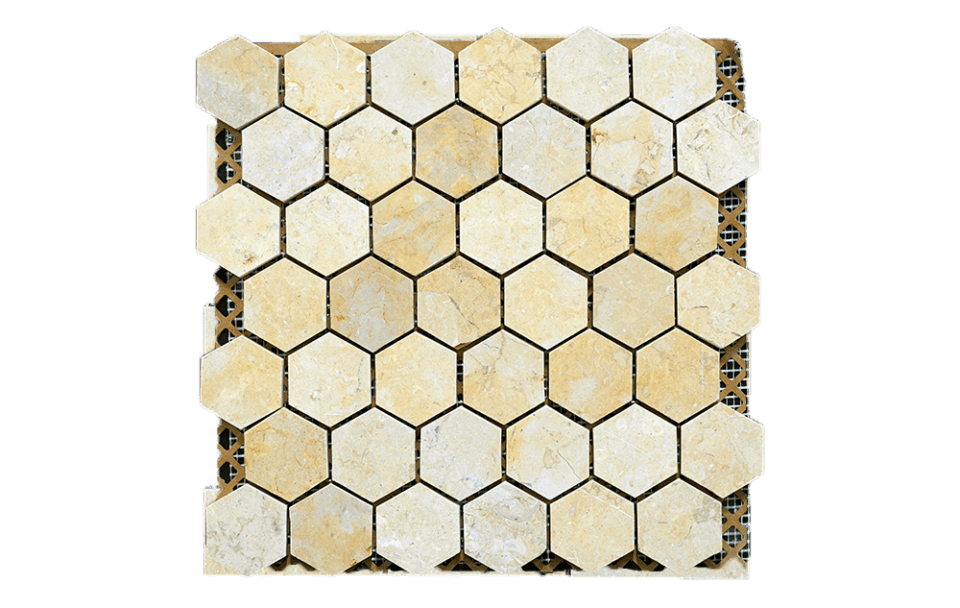 JERUSALEM GOLD: 2" Hexagonal Limestone Field Mosaic (12 5/8"x13 5/16"x3/8" | honed)