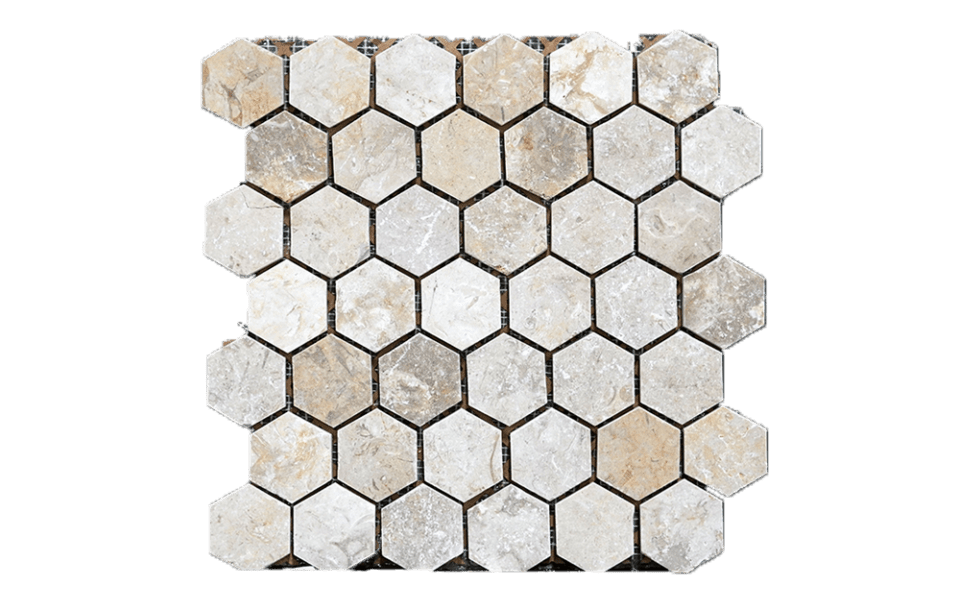 JERUSALEM GREY&GOLD: 2" Hexagonal Limestone Field Mosaic (12 5&8"x13 5&16"x3&8" | honed)