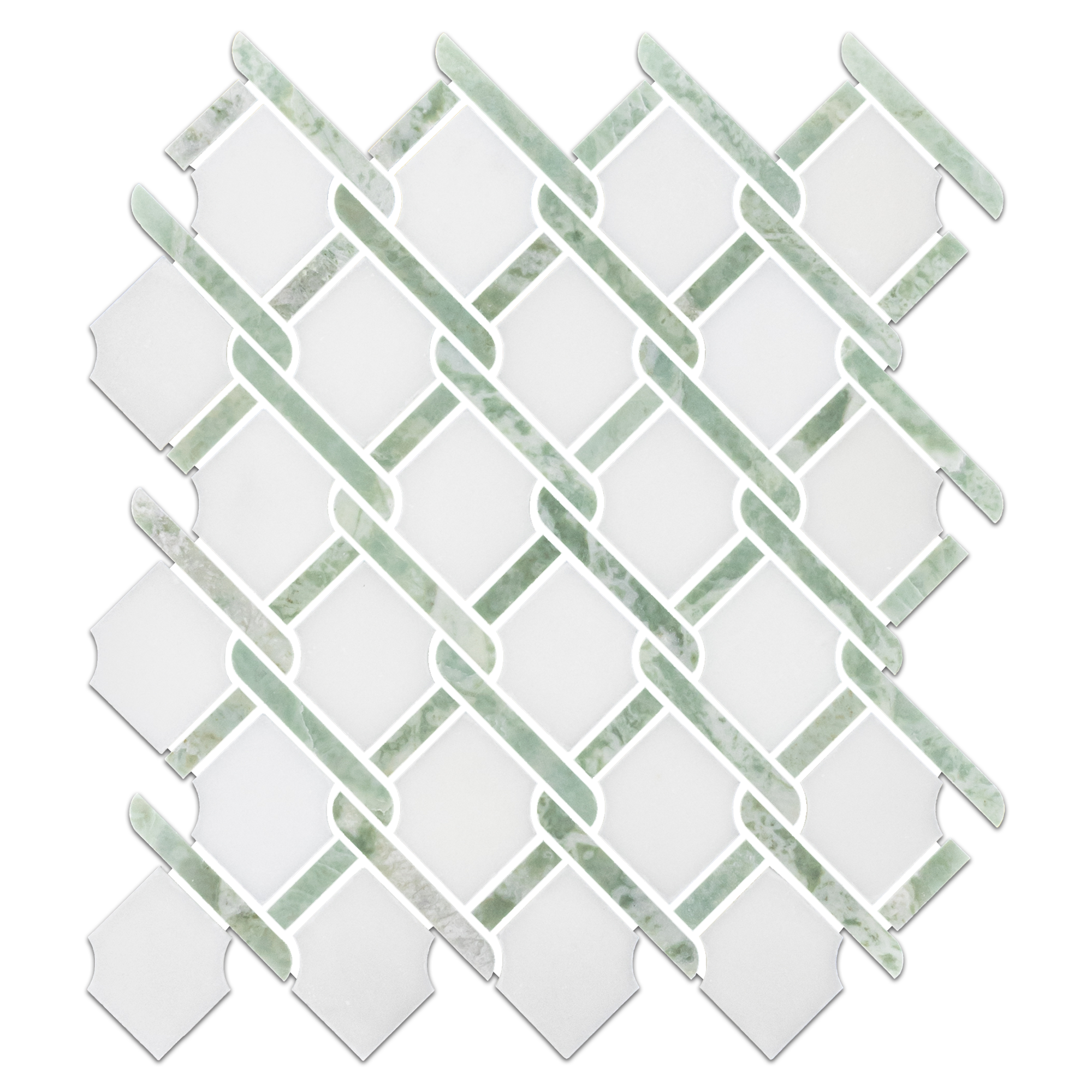 Elon Absolute White Emerald Green Marble Argyle Field Mosaic Tile, 11x12 Polished Finish