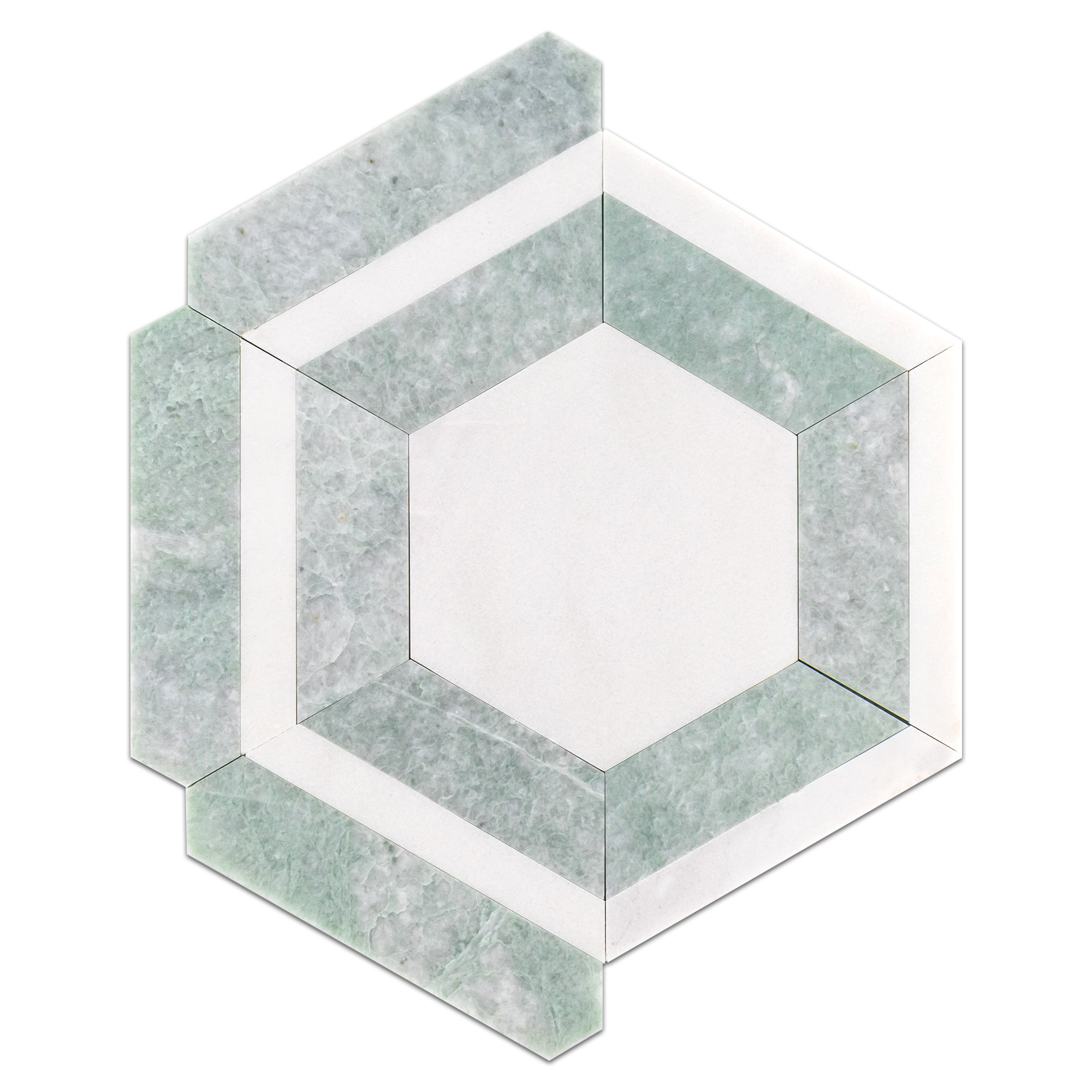 Elon Absolute White and Ming Green Marble Outlined Hexagon Field Mosaic, 11.8125x12.75x0.375, Honed Finish - Surface Group International.
