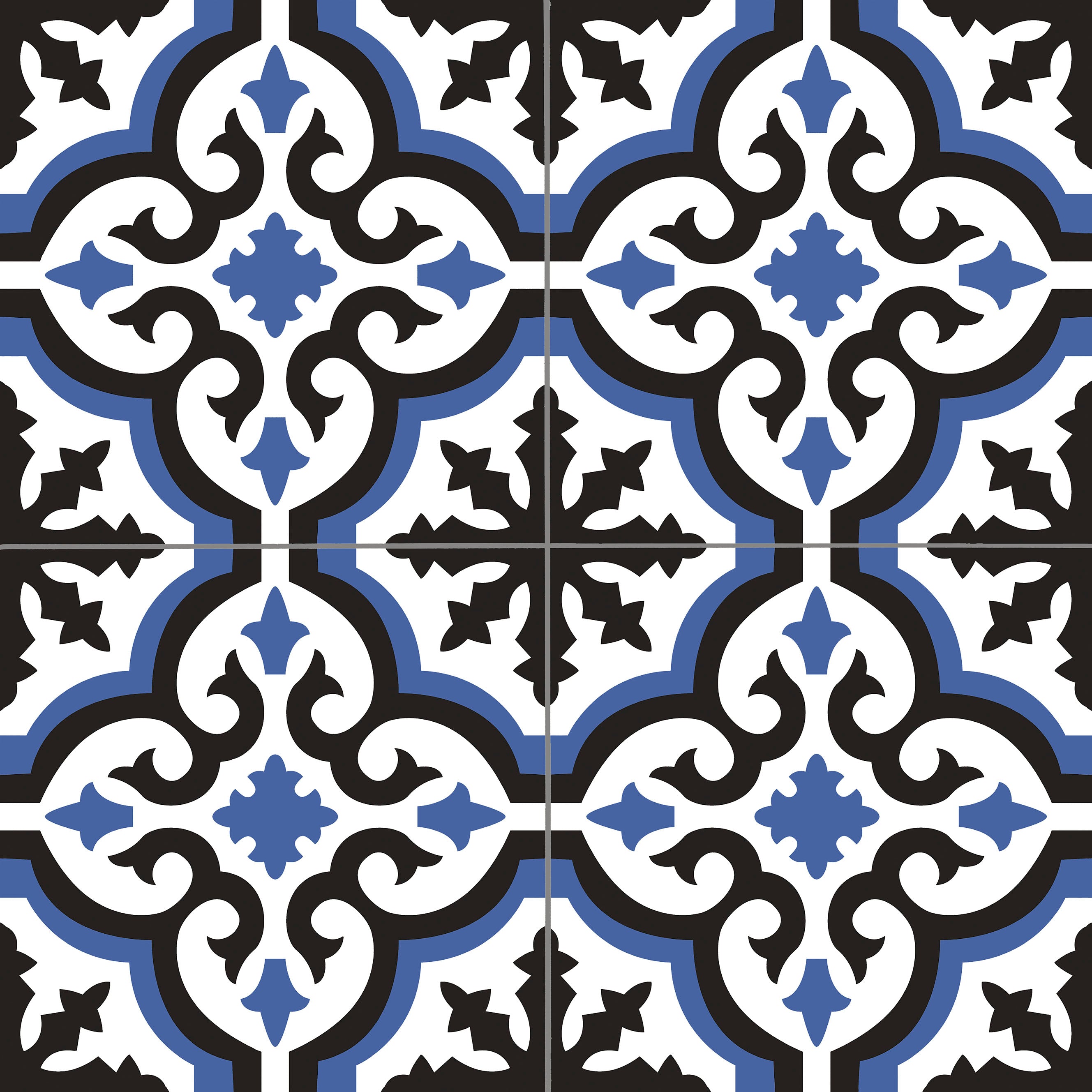 Alt text: "Elon Barcelona Deco Savoy Blue 18x18 porcelain field deco tile with a matte finish, featuring intricate geometric and floral patterns for stylish flooring or wall design."