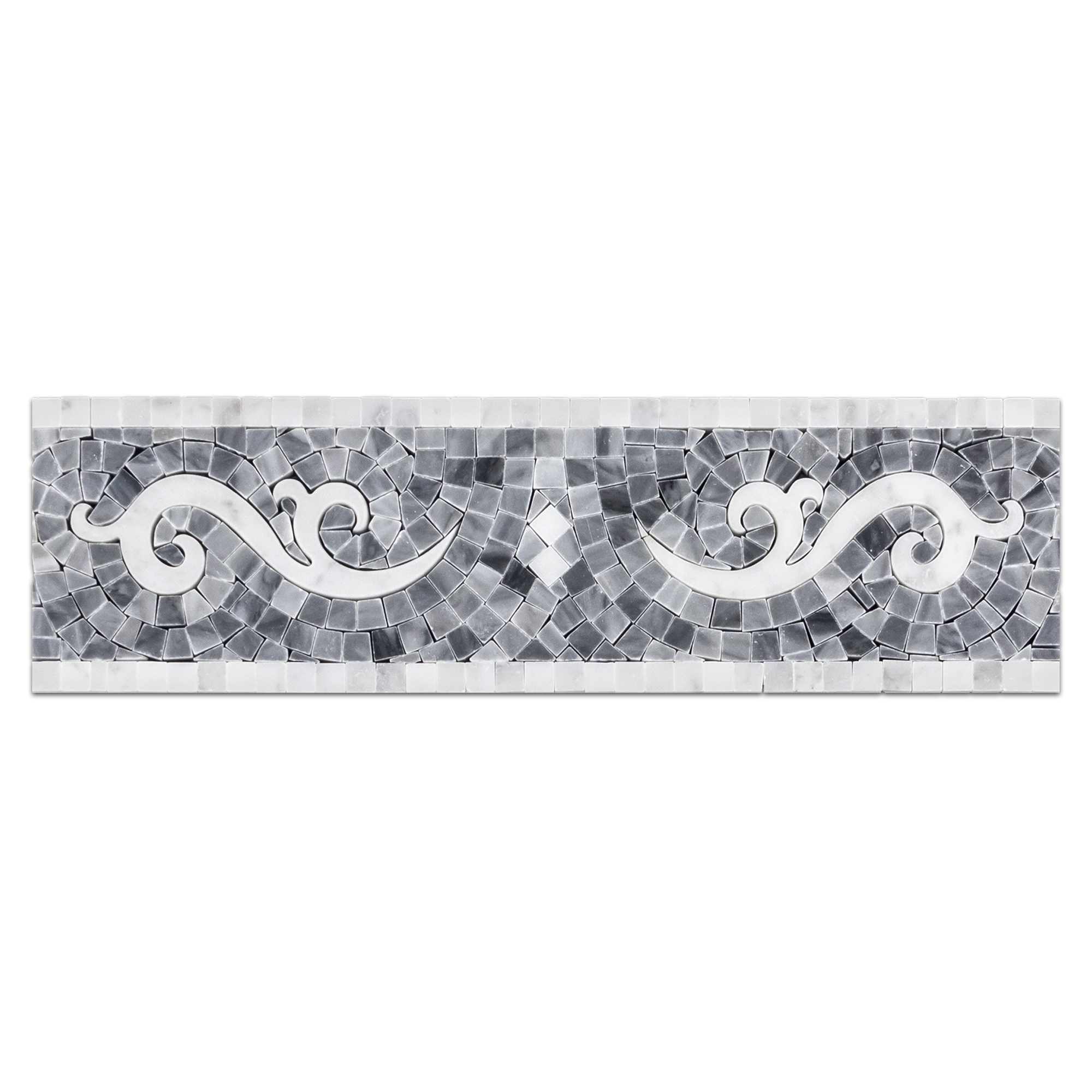 Alt text: "Elon Bardiglio Nuvolato and Bianco Carrara marble scroll border mosaic, 3.75x12.25 inches, polished finish, available at Surface Group International."