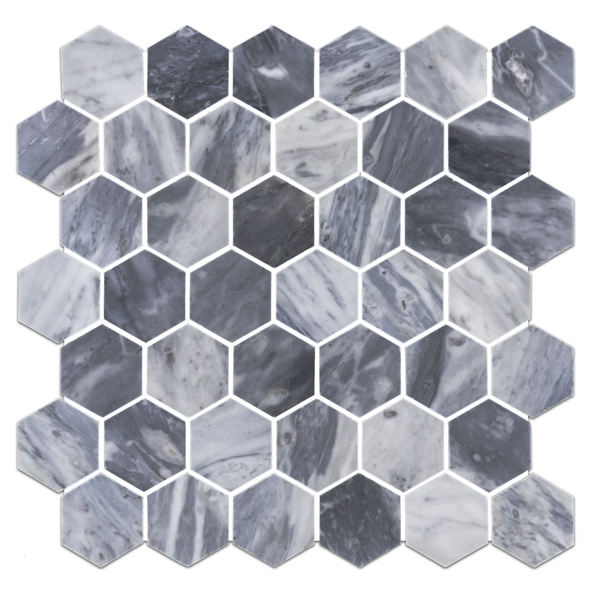 Elon Bardiglio Nuvolato Marble 2" Hexagon Mosaic Tile, Honed Finish, for Elegant Wall & Flooring Designs