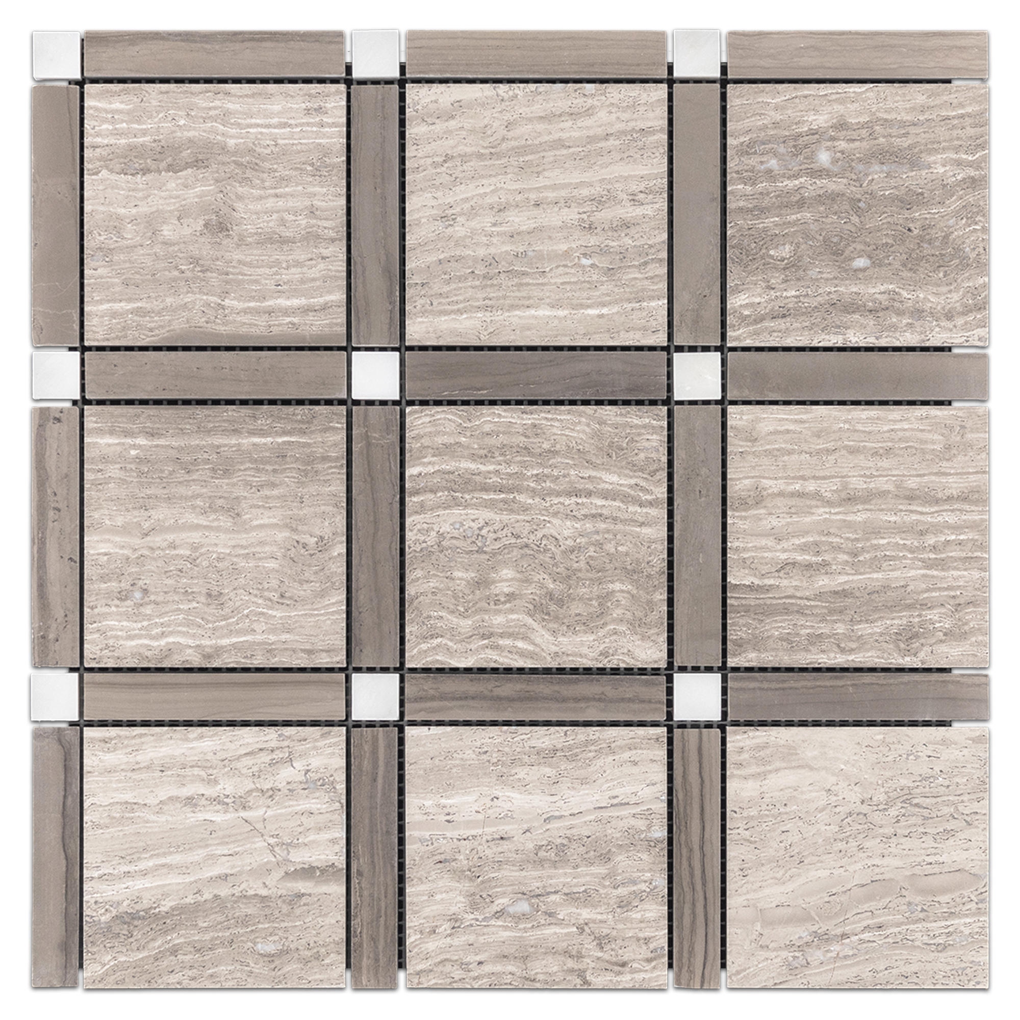 Elon Beachwood Driftwood Pearl White Marble Bordered Mosaic Tile 12x12 Honed - Surface Group Online Tile Store