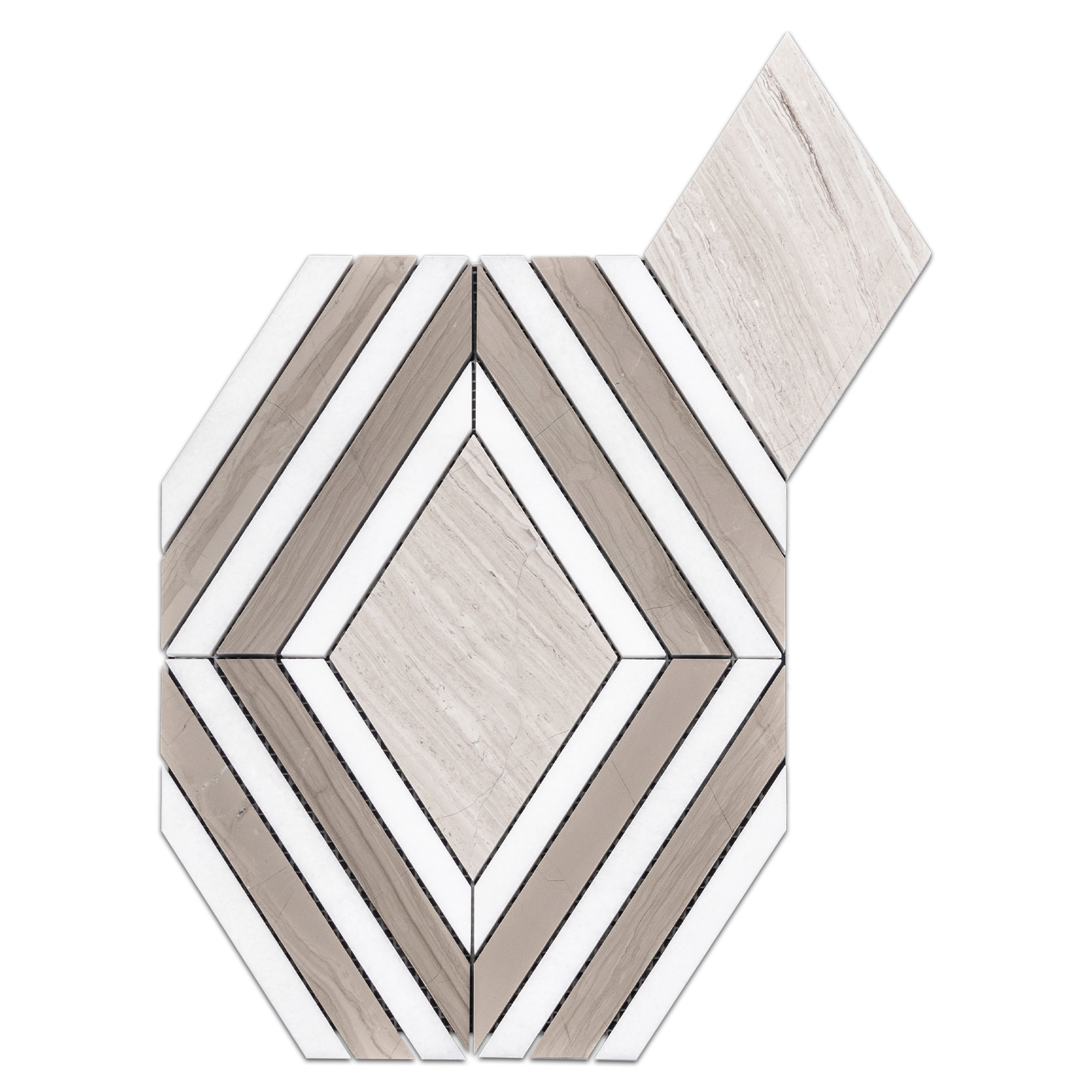 Elon Beachwood White Thassos Driftwood Marble Jewel Field Mosaic 9.75x12.75x0.375 Polished Honed Tile - Surface Group International Product