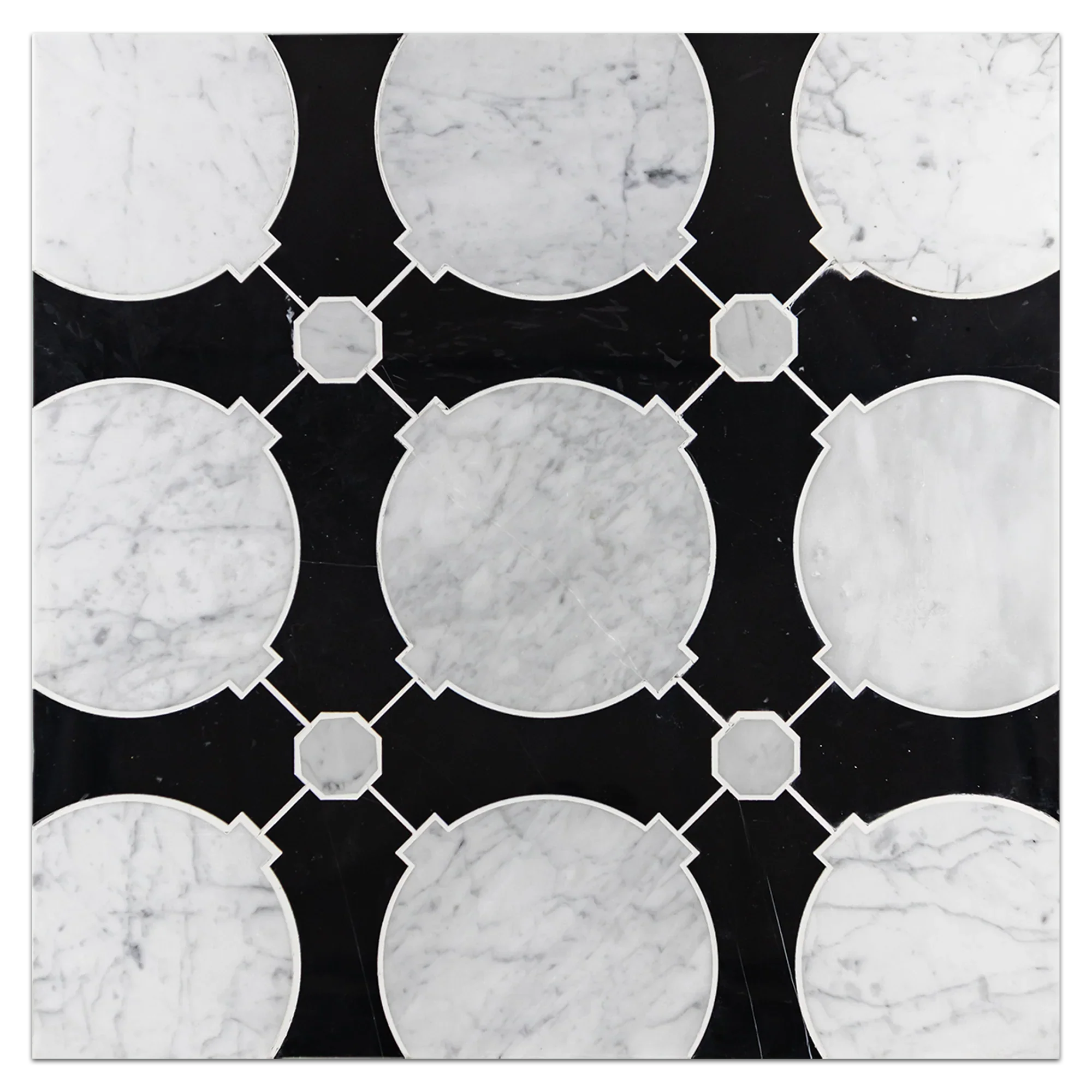 Elon Bianco Carrara Black Marble Orbit Field Mosaic Tile, 13.625x13.625 inches, Polished Finish, for Elegant Wall and Floor Designs