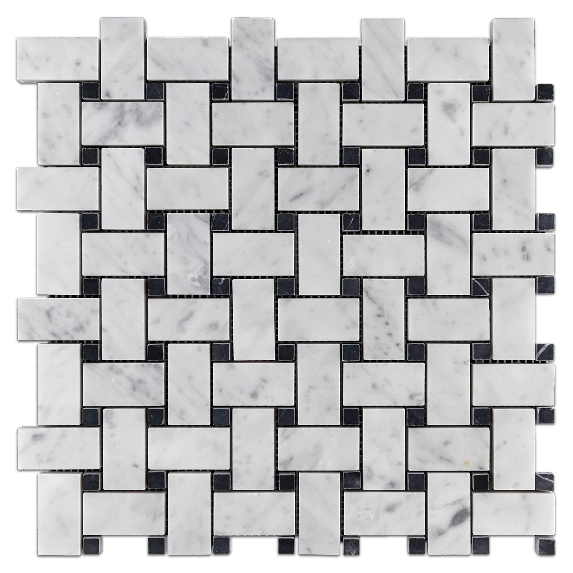 Elon Bianco Carrara Black Marble Stone Blend Basketweave Field Mosaic 12x12x0.375 Honed - Surface Group International Product
