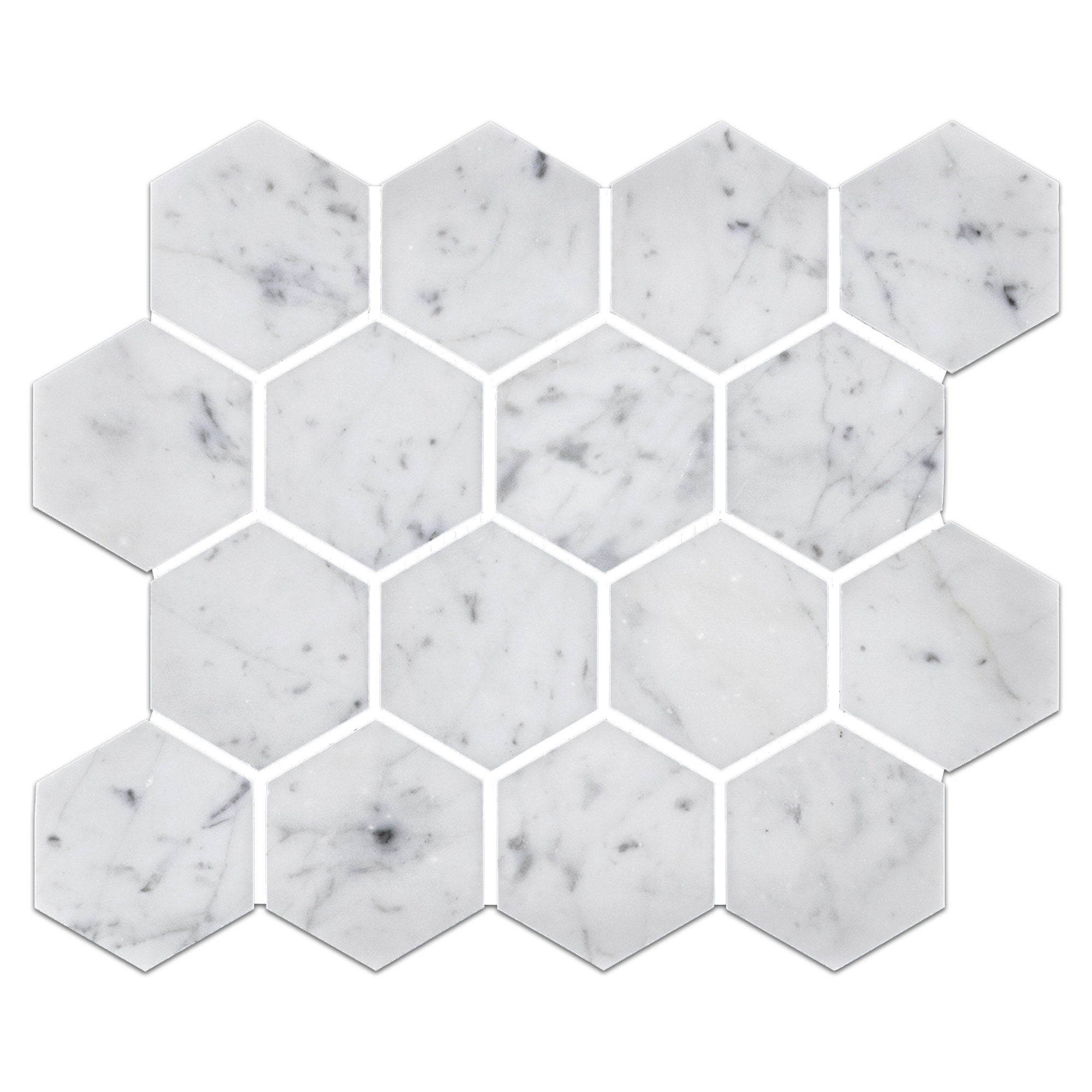 Elon Bianco Carrara Marble 3" Hexagon Mosaic Tile, 9.875x11.375", Honed Finish - Surface Group International.