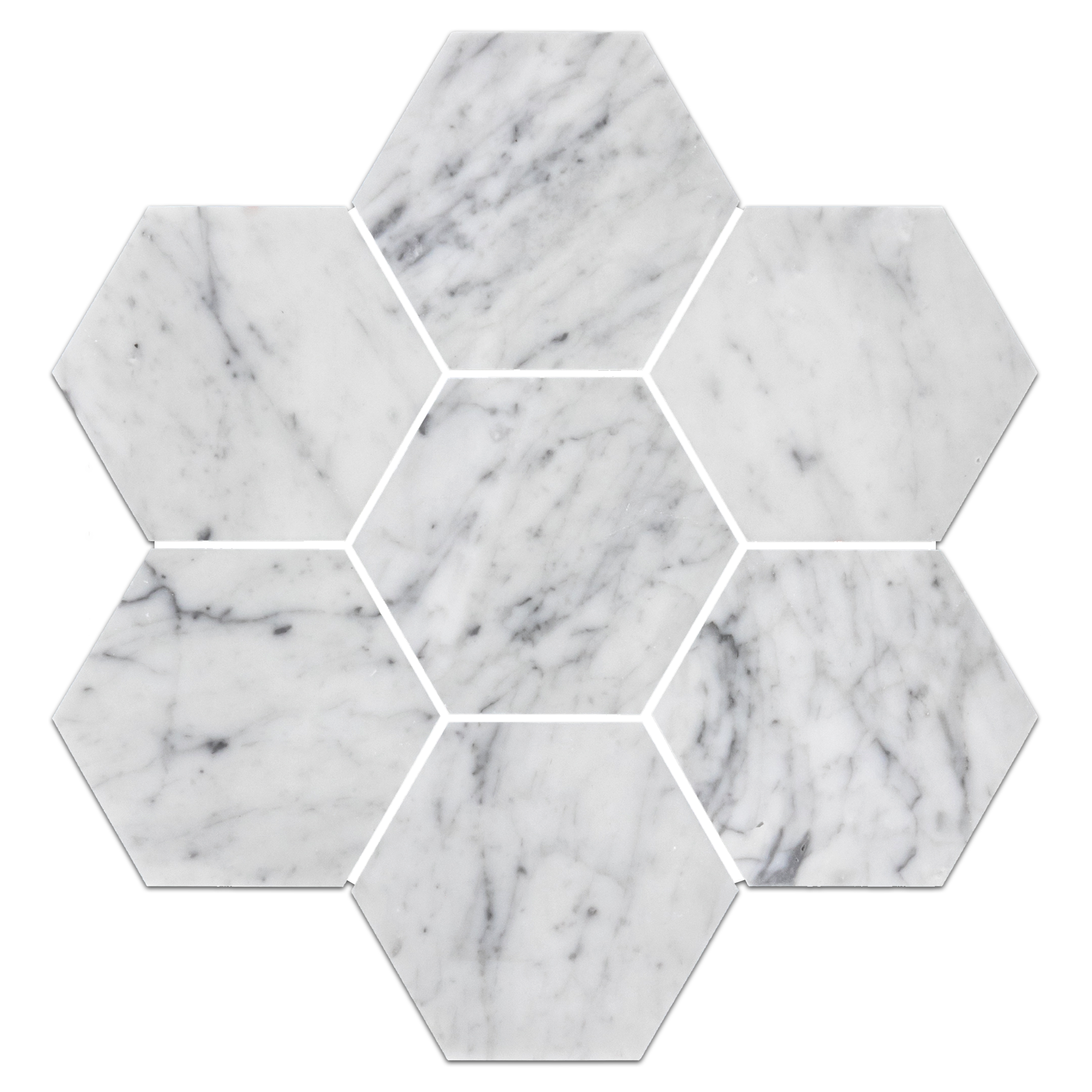 Elon Bianco Carrara Marble 5" Hexagon Mosaic Tile, 11.625x13.625", Honed Finish, for Elegant Wall & Floor Designs
