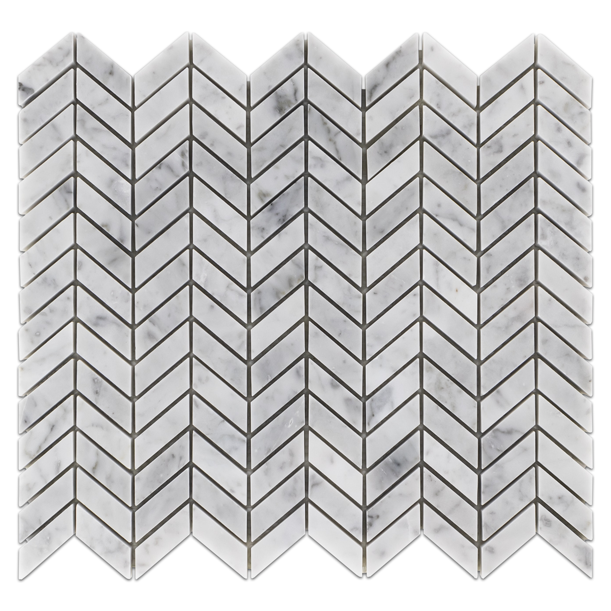 Elon Bianco Carrara marble petite chevron field mosaic tile, 11.5x12 inch, polished finish, available at Surface Group International.