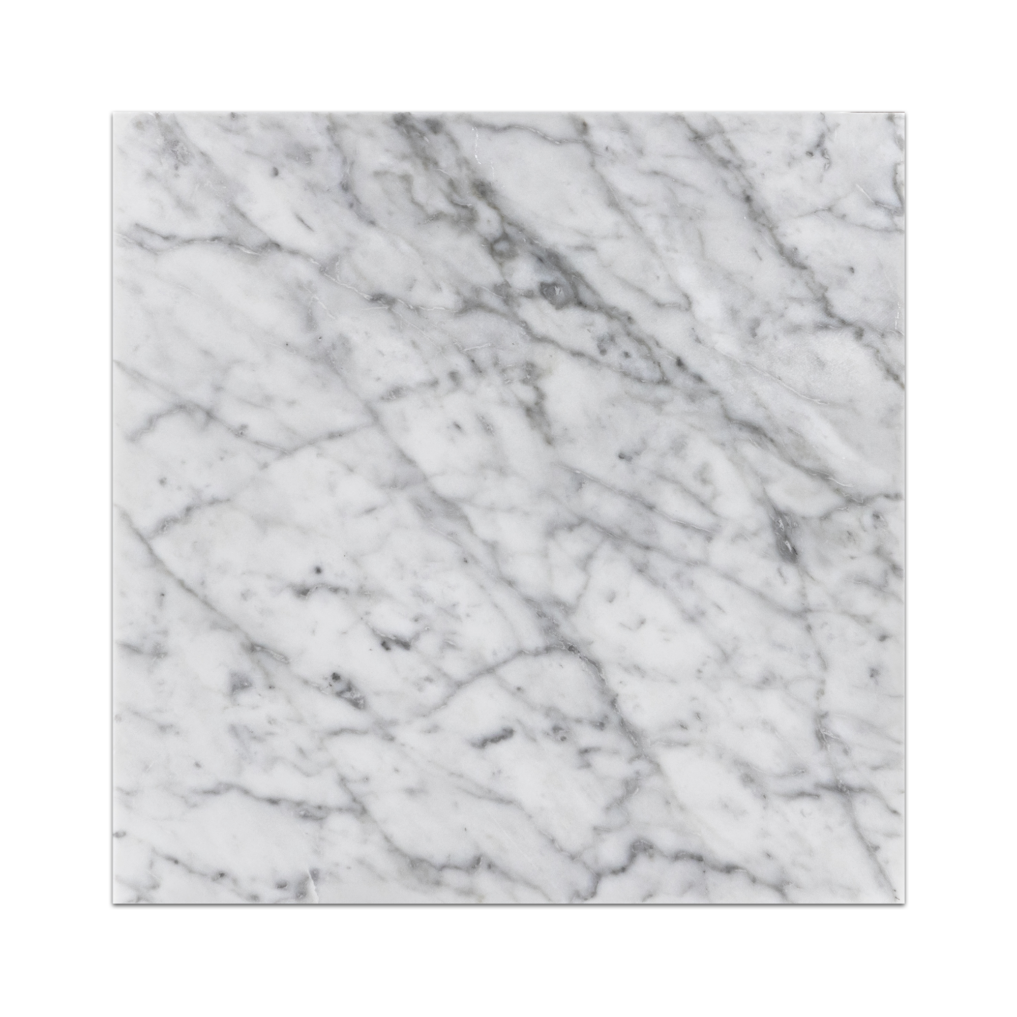 Elon Bianco Carrara marble square field tile, 12x12 inch, polished finish, for elegant flooring and wall design.