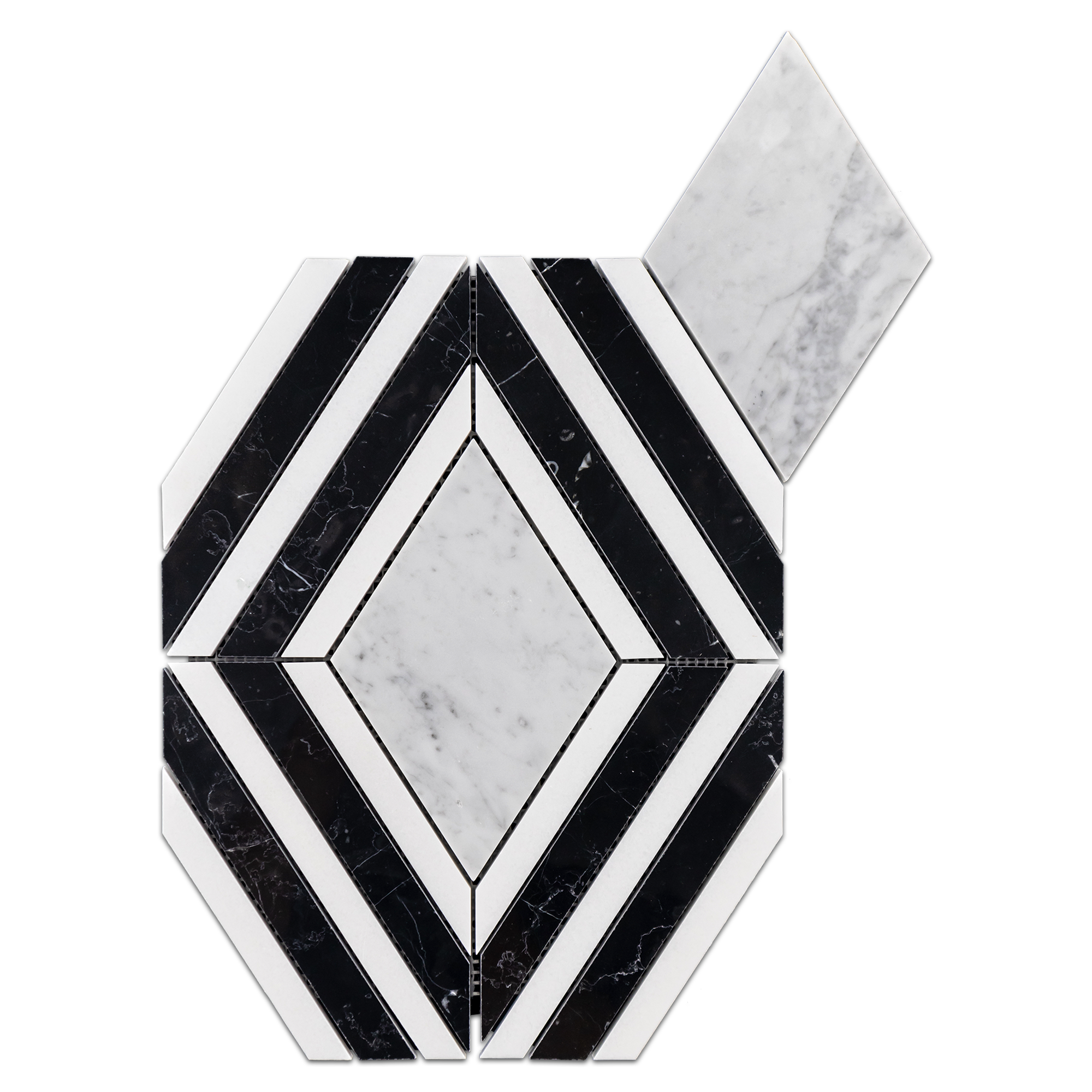 Elon Bianco Carrara White Thassos Black Marble Jewel Field Mosaic 9.75x12.75x0.375 Polished Tile - Surface Group International Product