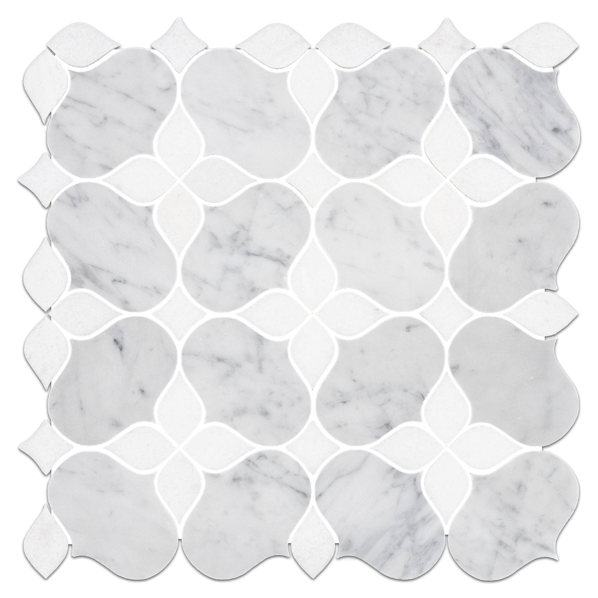 Elon Bianco Carrara and White Thassos Marble Silhouette Field Mosaic Tile, 11.6875x11.6875 inches, Honed Finish
