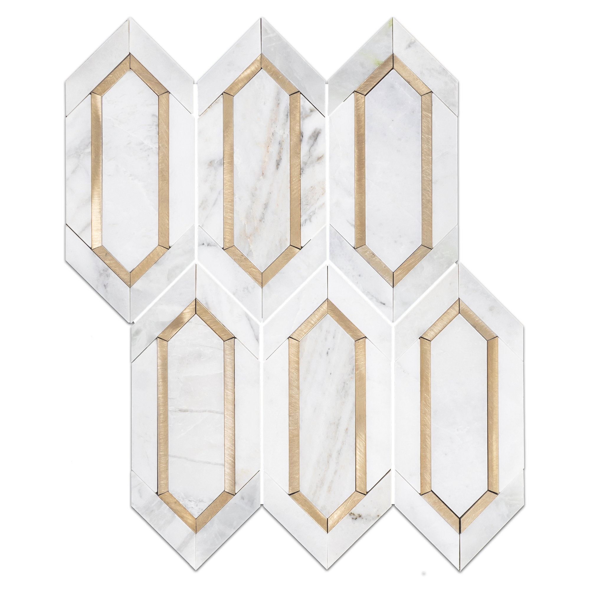 Elon Bianco Oro Gold Aluminum Marble Outlined Picket Field Mosaic 11.5x14.3125x0.375 Honed - Surface Group Online Tile Store