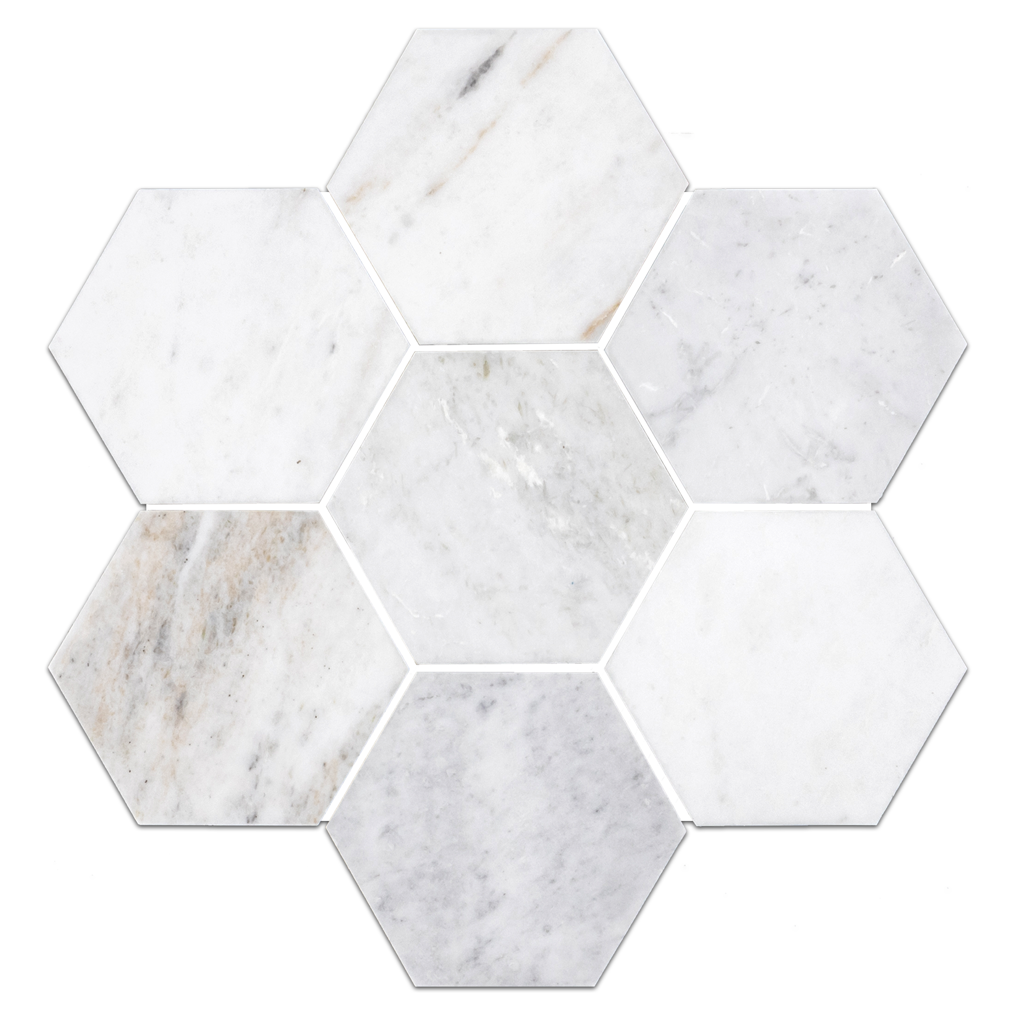 Elon Bianco Oro Marble 5-inch Hexagon Field Mosaic Tile, 11.625x13.625 inches, Honed Finish, for Elegant Flooring and Wall Design
