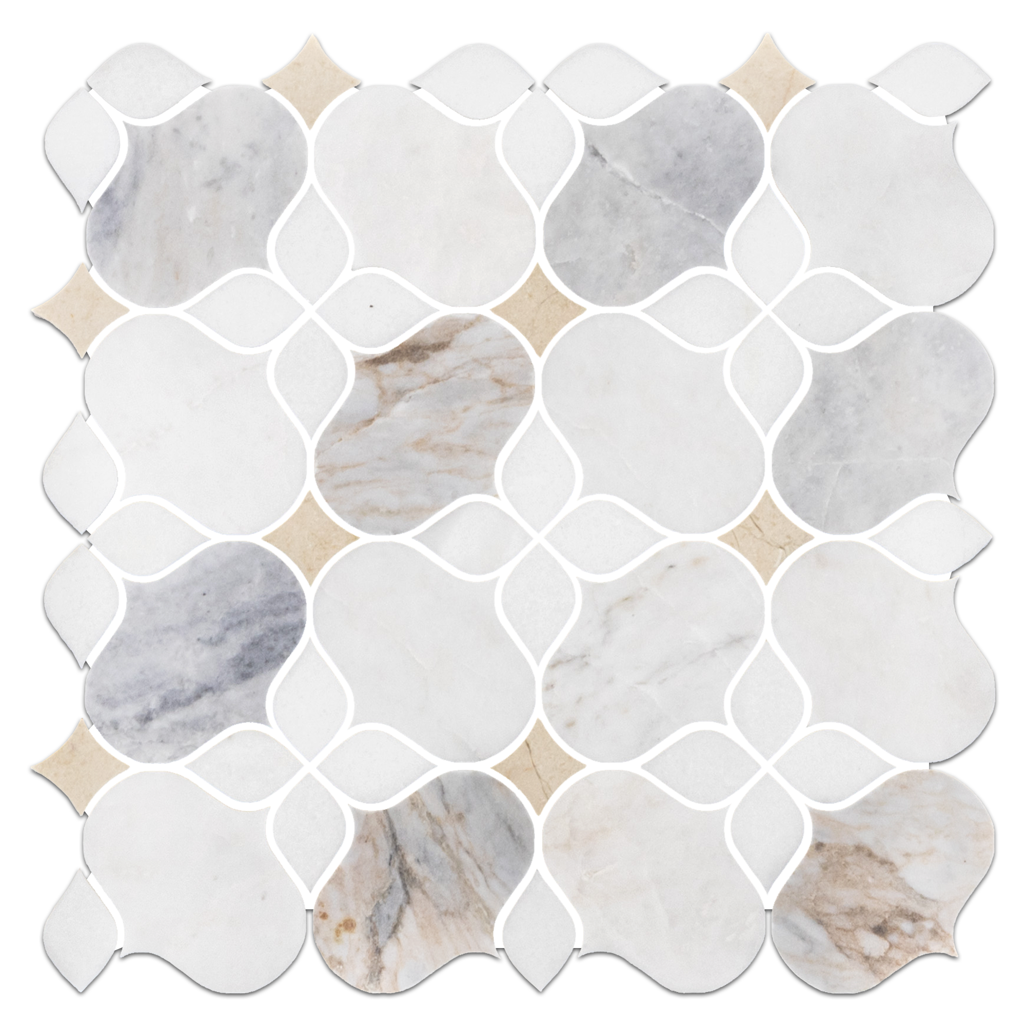 Elon Bianco Oro White Thassos Crema Marfil Marble Silhouette Field Mosaic 11.6875x11.6875x0.375 Honed AM7295H Surface Group International Product