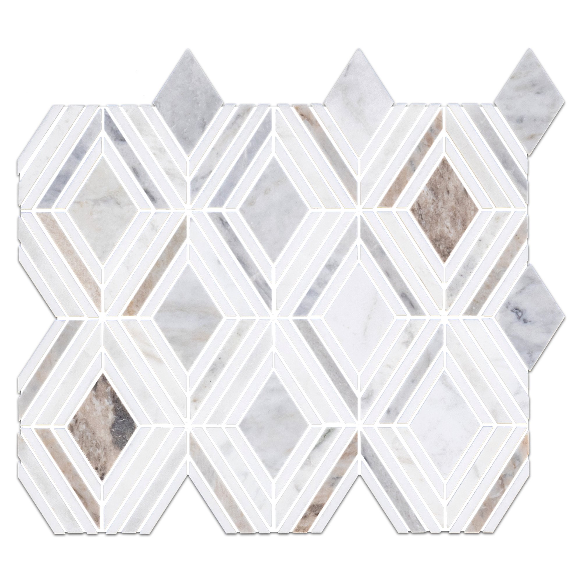 Elon Bianco Oro White Thassos Marble Outlined Rhomboid Field Mosaic Tile, 11.125x13x0.375, Honed Finish