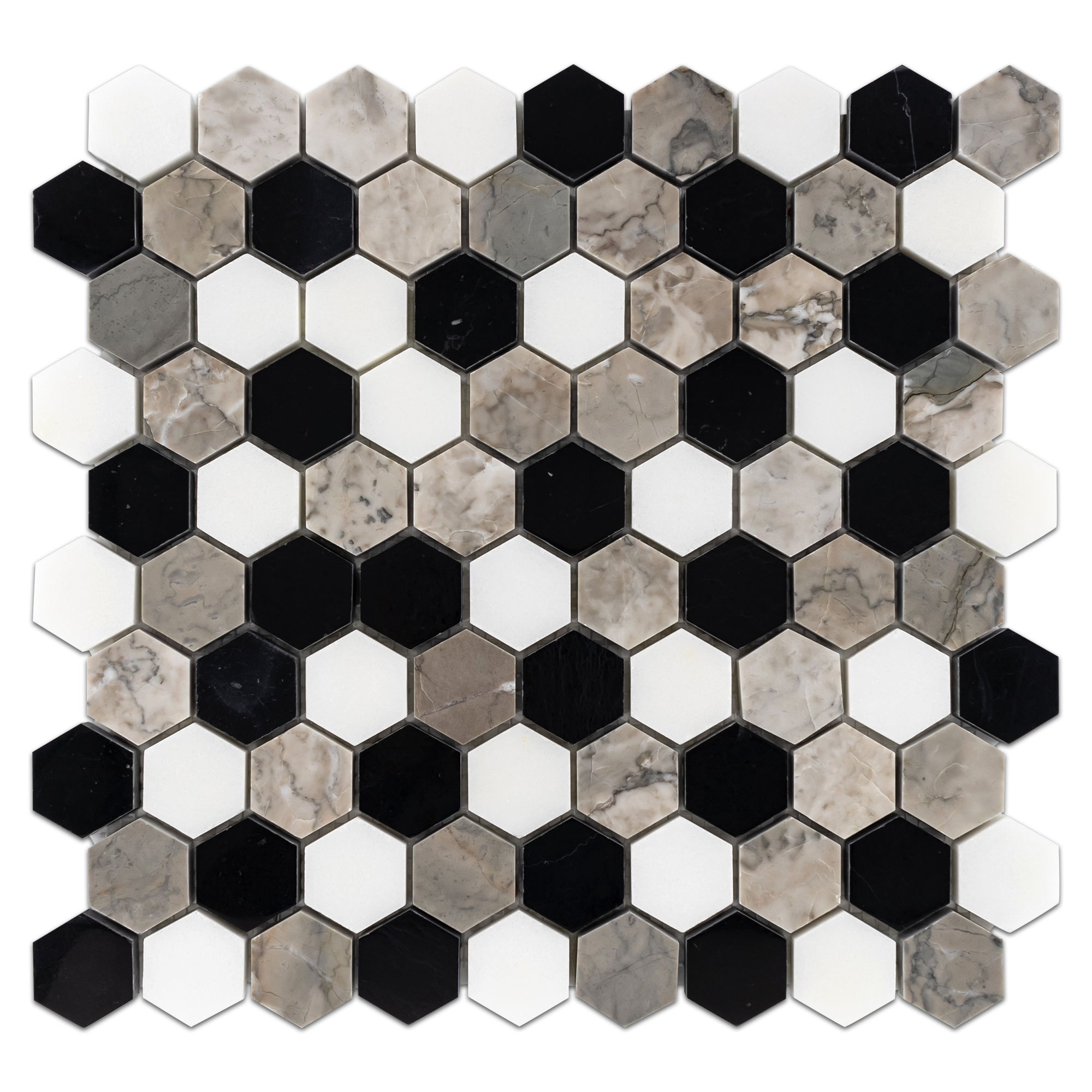 Elon black, snow white, and temple grey marble stone blend hexagon field mosaic, 11.5625x12x0.375, polished finish, AM6111P.