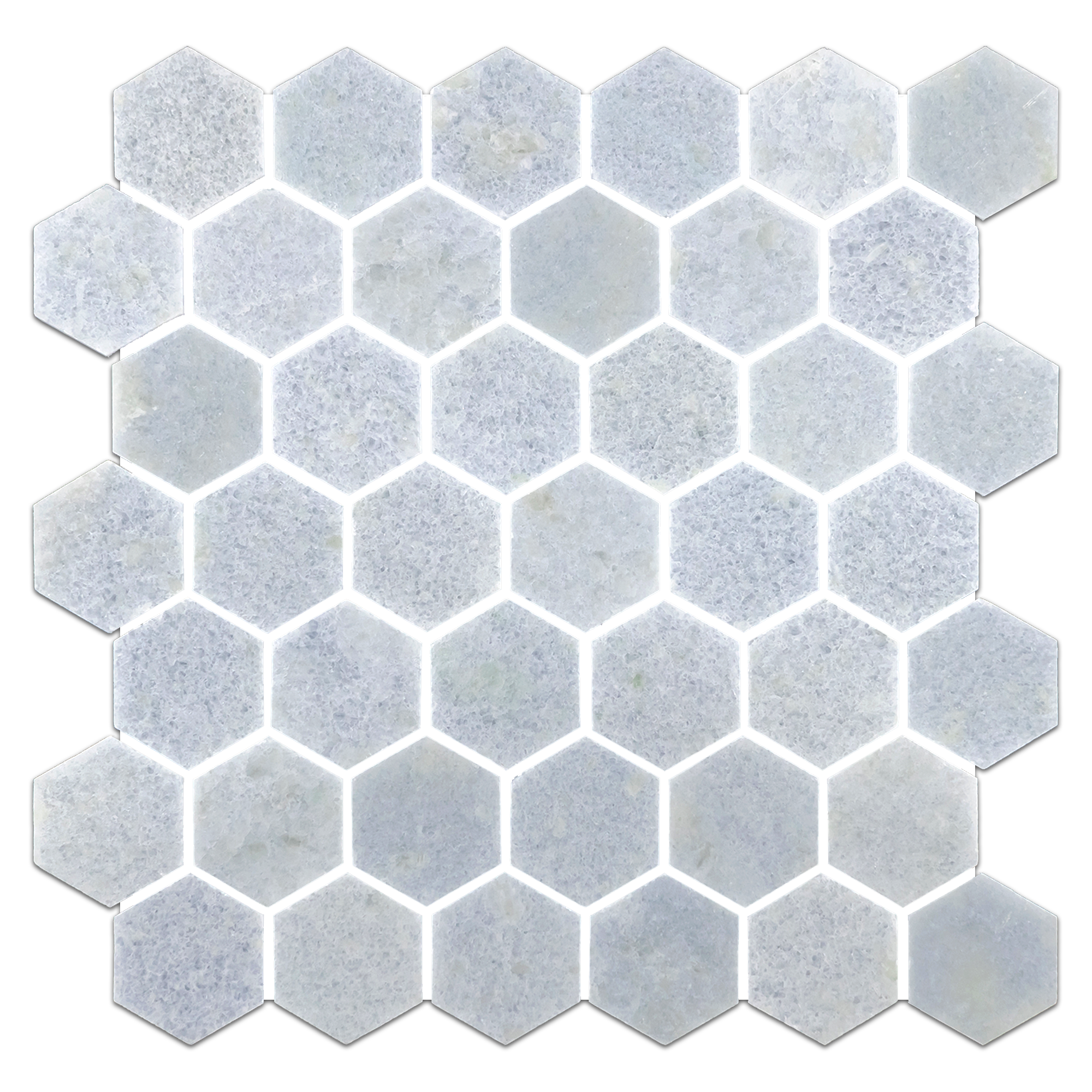 Elon Blue Celeste Marble 2-inch Hexagon Field Mosaic Tile, Polished Finish, for Elegant Flooring and Wall Design.