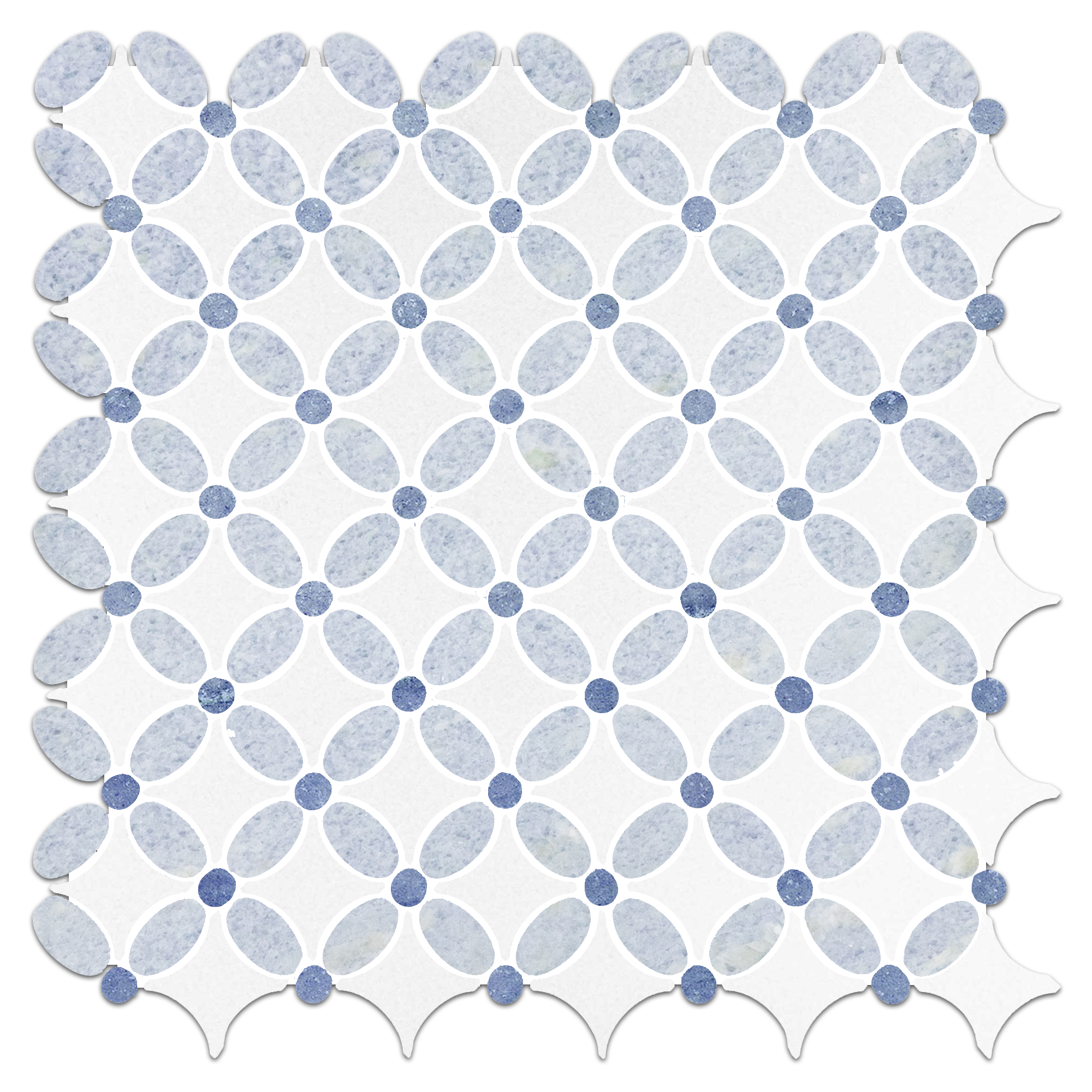 Elon Blue Celeste White Thassos Azul Macauba Marble Fleur Field Mosaic 13.125x13.125x0.375 Polished Tile - Surface Group International