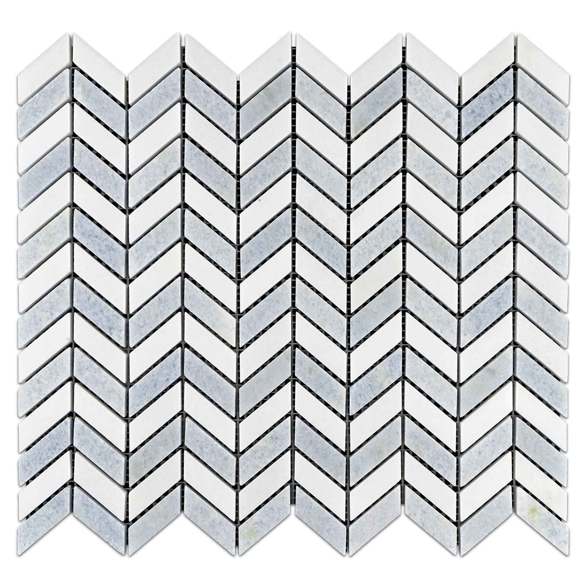 Elon Blue Celeste White Thassos Marble Stone Blend Chevron Field Mosaic 11.5x12.1875x0.375 Polished - Surface Group International Product