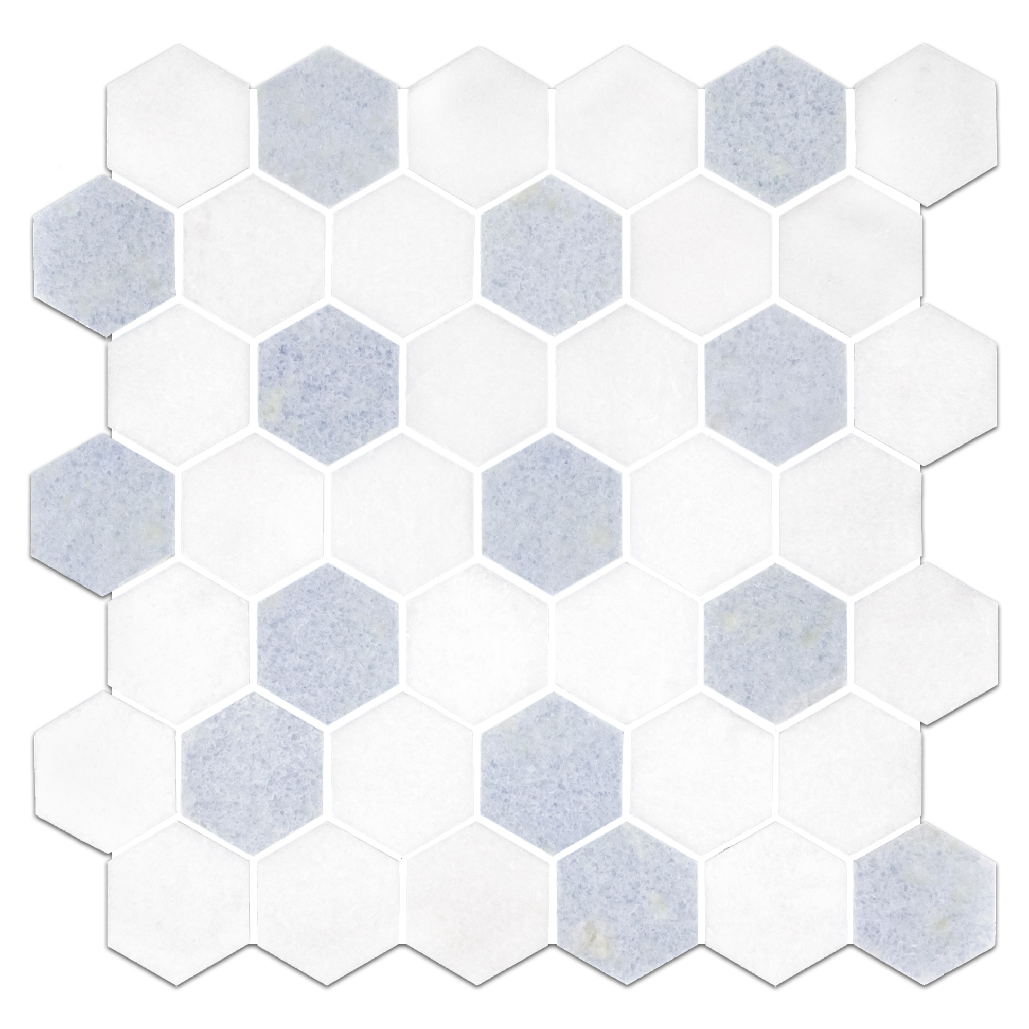 Elon Blue Celeste White Thassos Marble Stone Blend Hexagon Field Mosaic 11.75x11.9375x0.375 Polished - Surface Group International