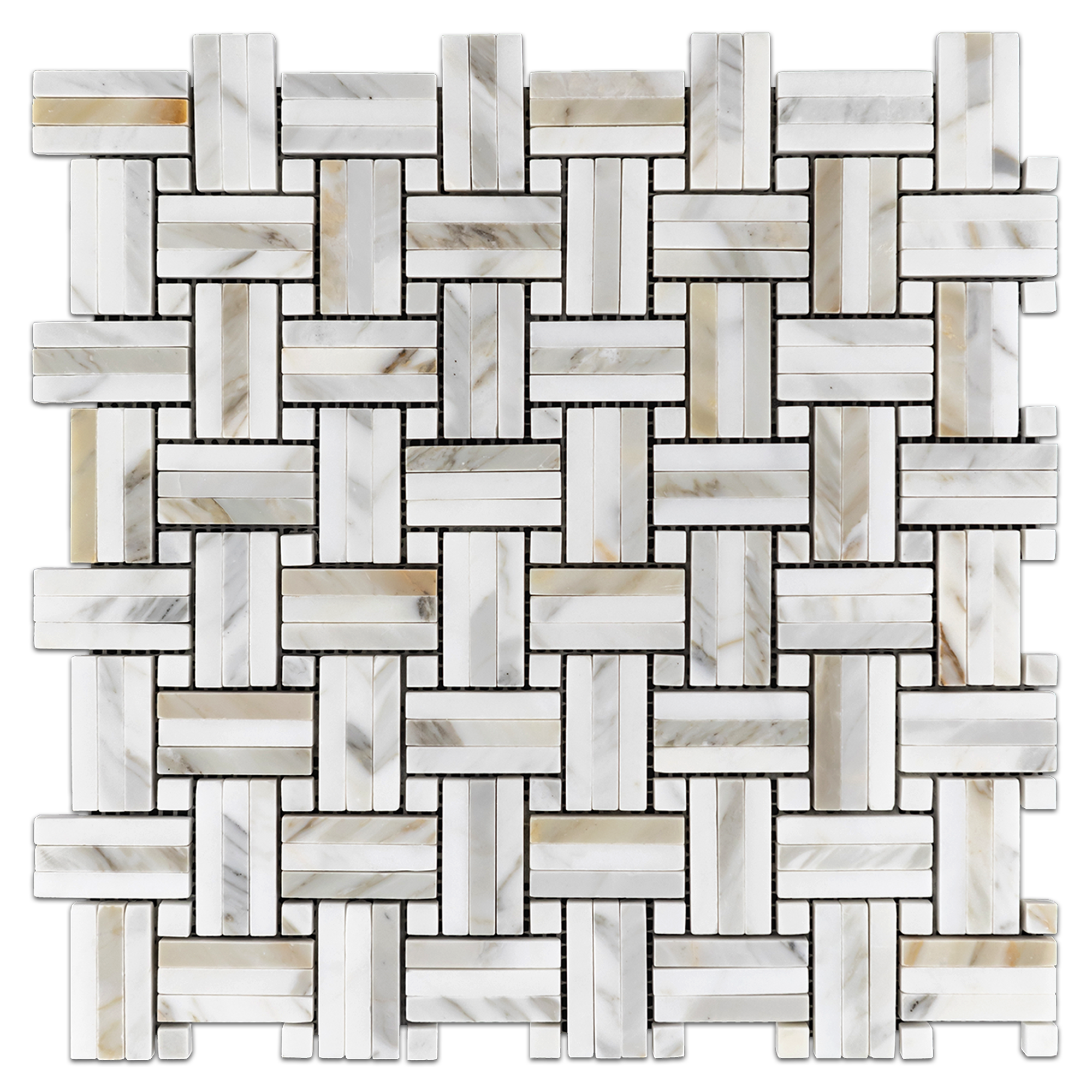 Elon Calacatta Gold Calacatta Marble Tri Weave Basketweave Field Mosaic 12x12x0.375 Polished - Surface Group International