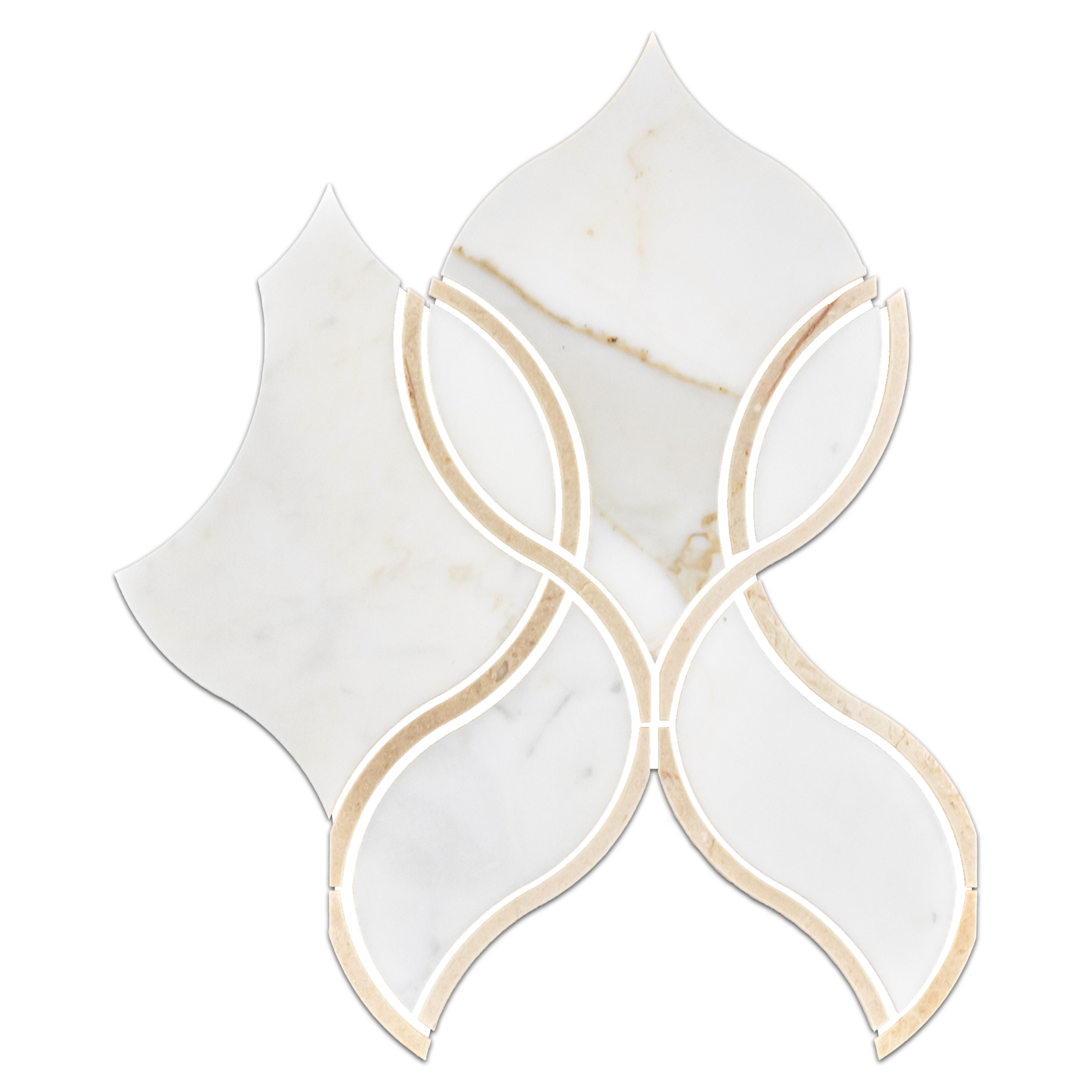 Alt text: "Elon Calacatta Gold and Crema Marfil Marble Tulip Field Mosaic Tile, 7.75x8.875 inches, honed finish, for elegant wall and floor designs."