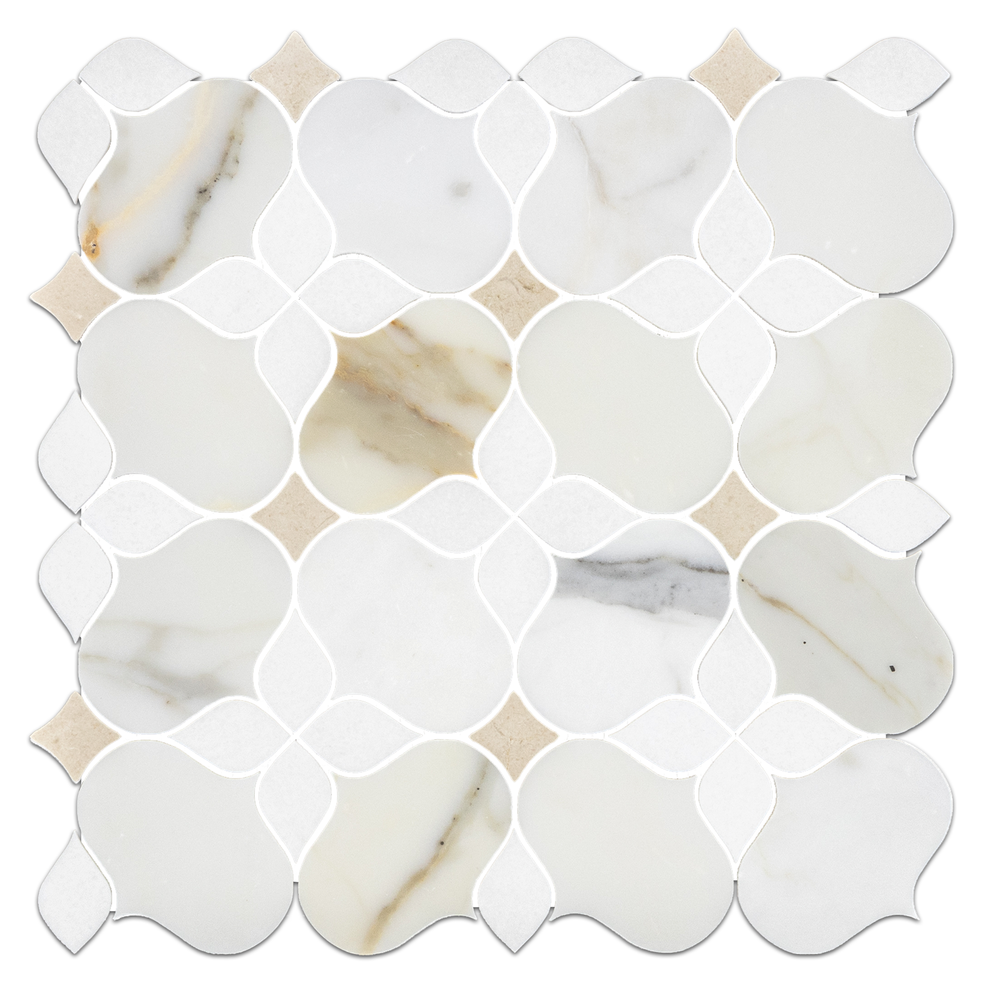 Elon Calacatta Gold Crema Marfil White Thassos Marble Silhouette Field Mosaic 11.6875x11.6875x0.375 Honed AM7291H Surface Group International Product