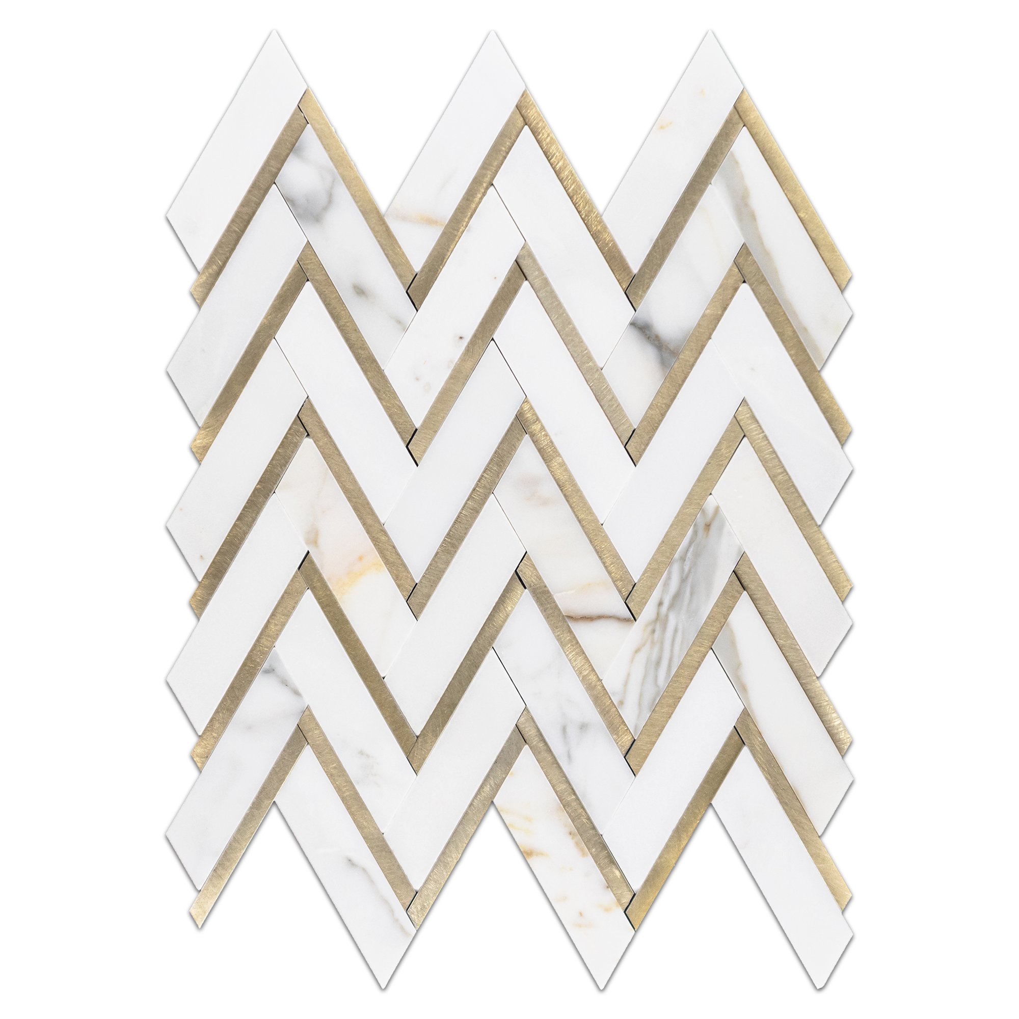 Elon Calacatta Gold and Gold Aluminum Marble Herringbone Mosaic Tile, 11x13 Polished Finish for Elegant Wall and Floor Design