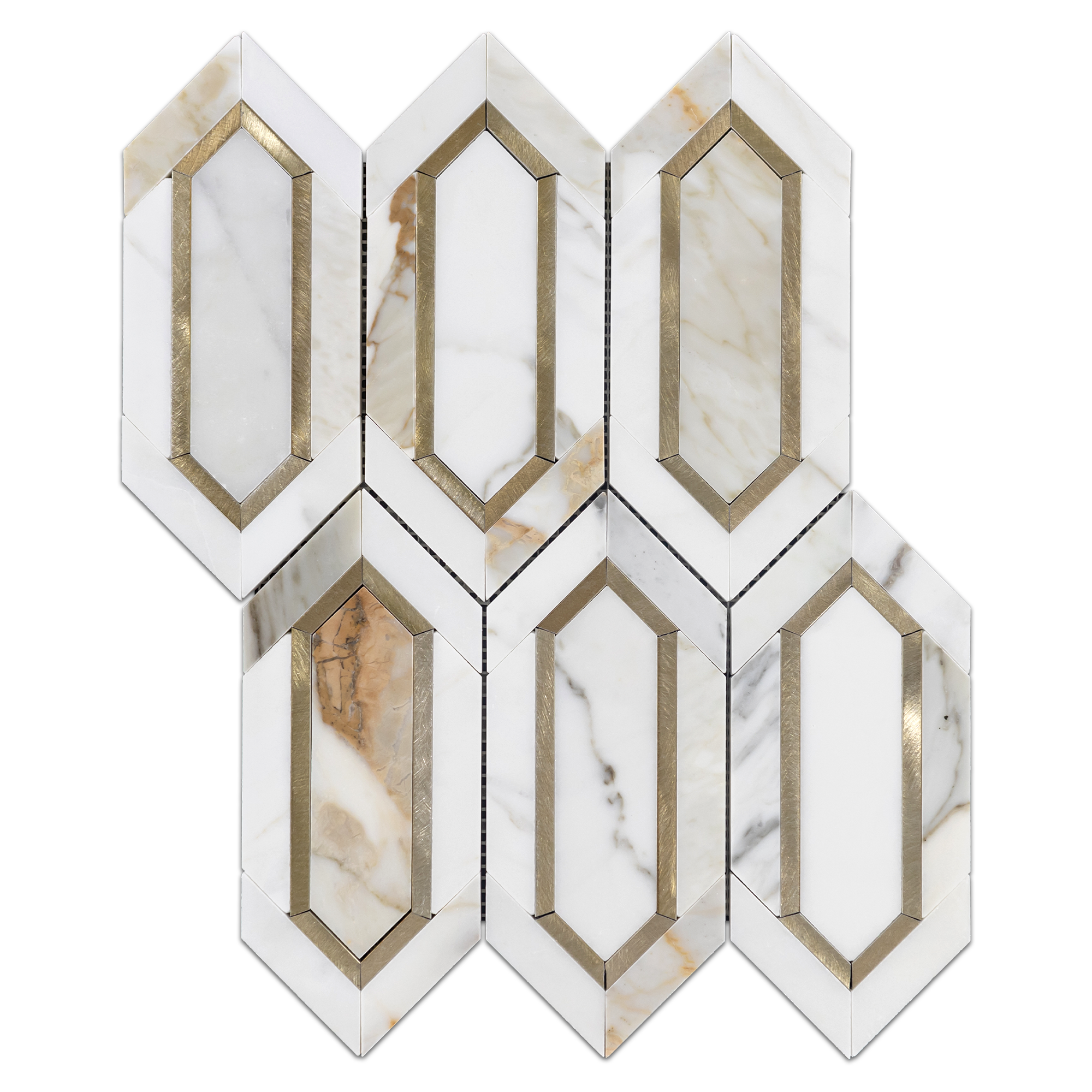 Elon Calacatta Gold Aluminum Marble Outlined Picket Field Mosaic Tile 11.5x14.3125x0.375 Polished - Surface Group Online Tile Store