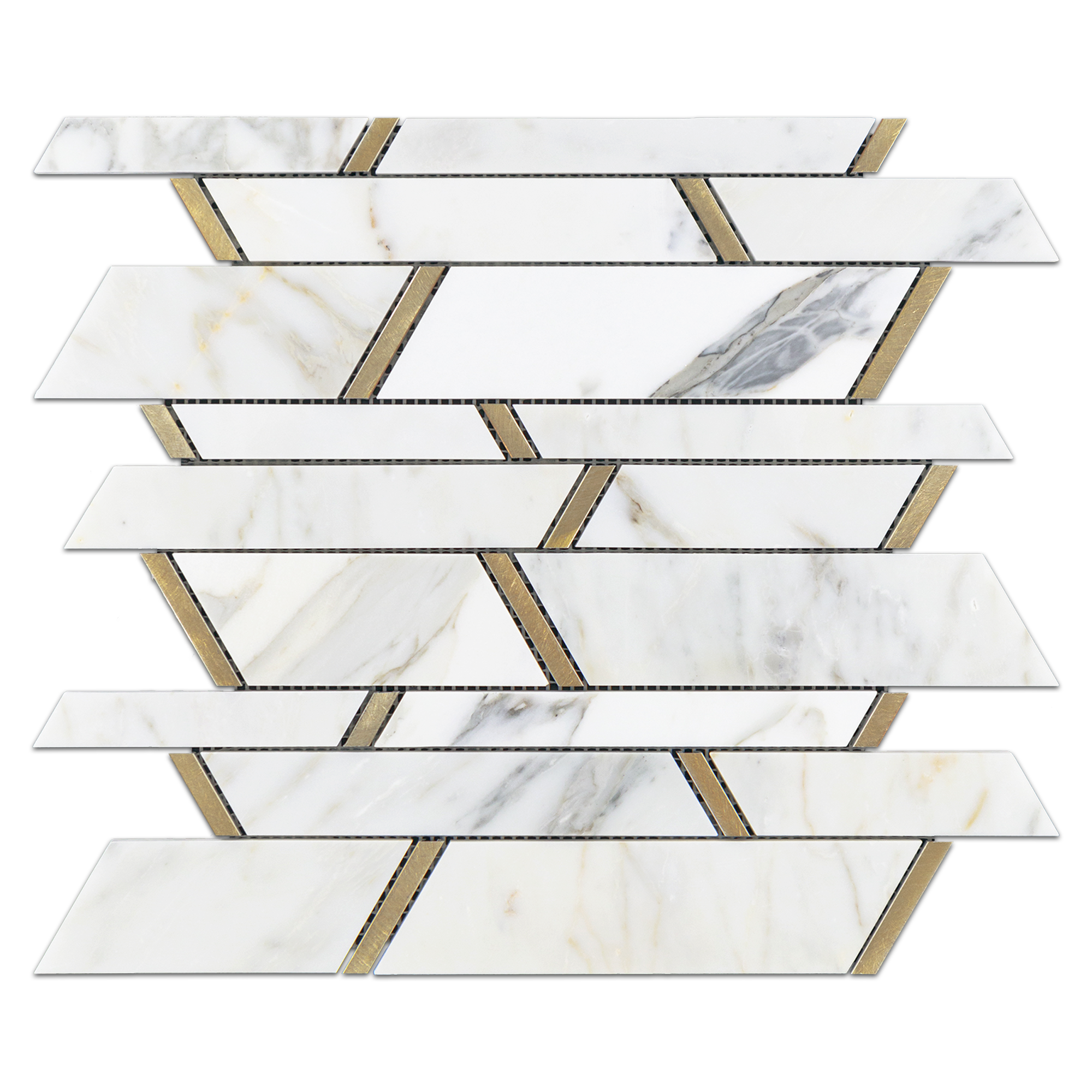 Elon Calacatta Gold Aluminum Marble Outlined Random Strip Field Mosaic 12x12 Polished Tile AM1129P Surface Group International