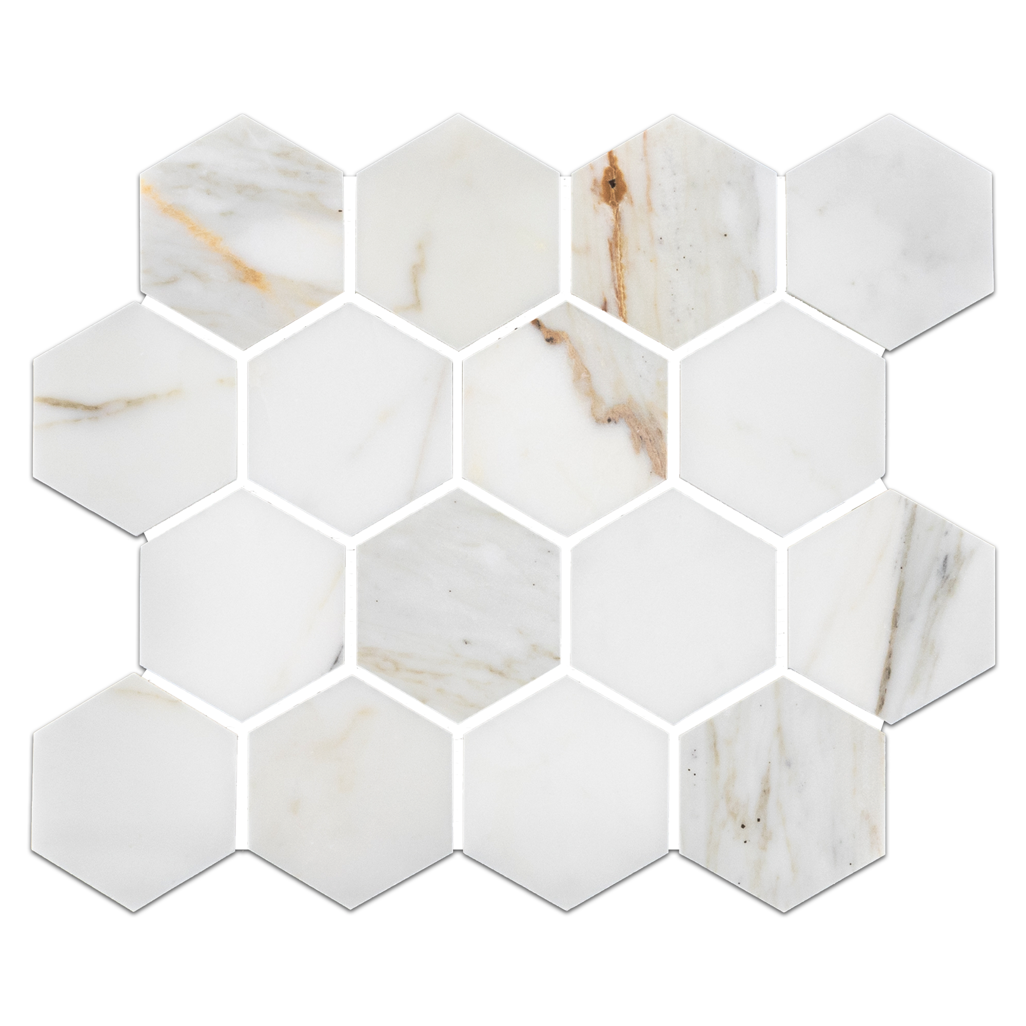 Elon Calacatta Gold Marble Hexagon Mosaic Tile, 9.875x11.375", Honed Finish